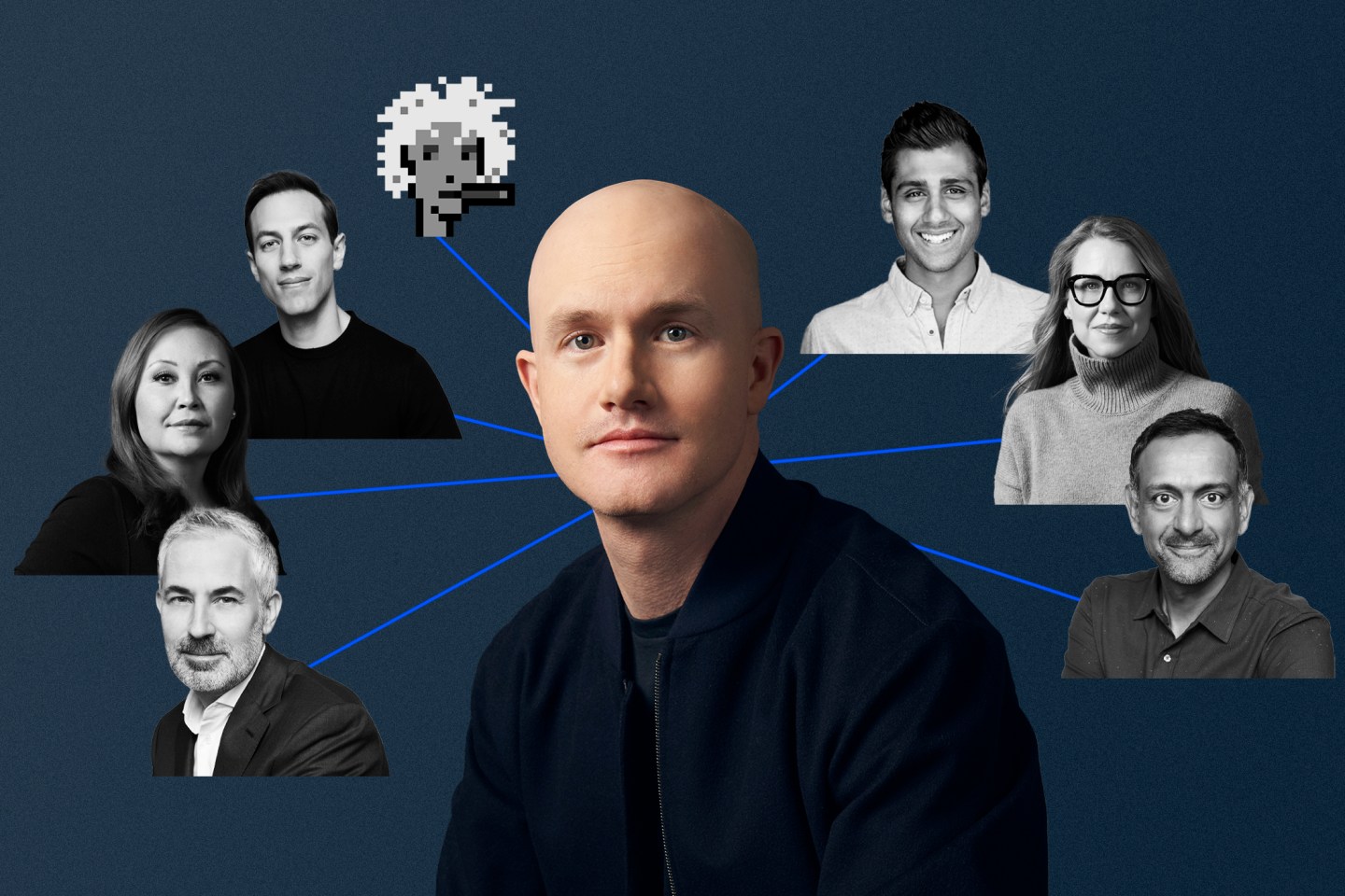 Photo illustration of Coinbase CEO Brian Armstrong connected with lines to 7 headshots of important employees.