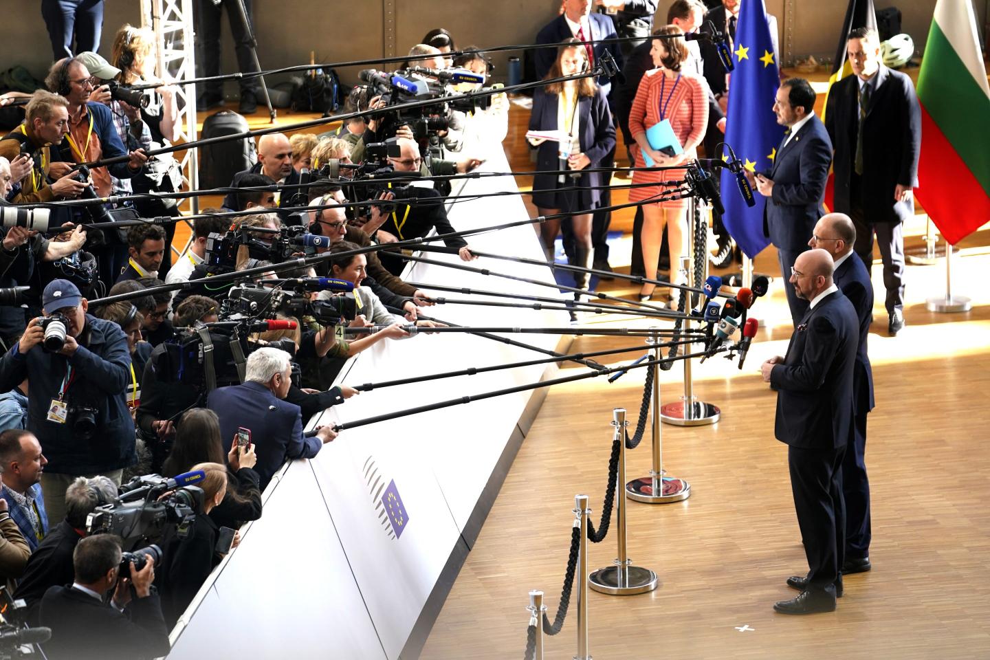 resident of European Council Charles Michel, Enrico Letta and Nikos Christodoulides President of Cyprus speak to the media.