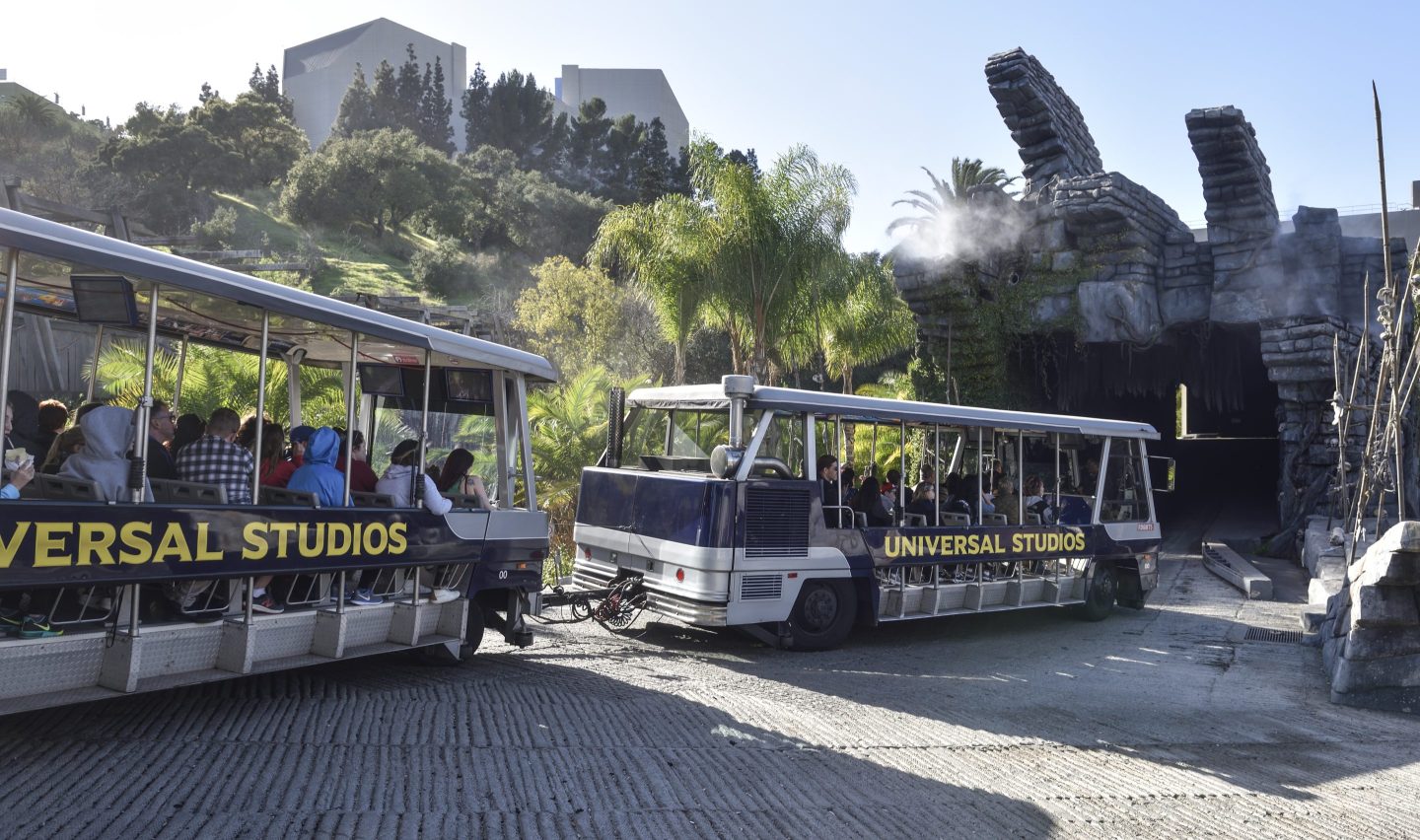 Universal Studios tram carrying passengers