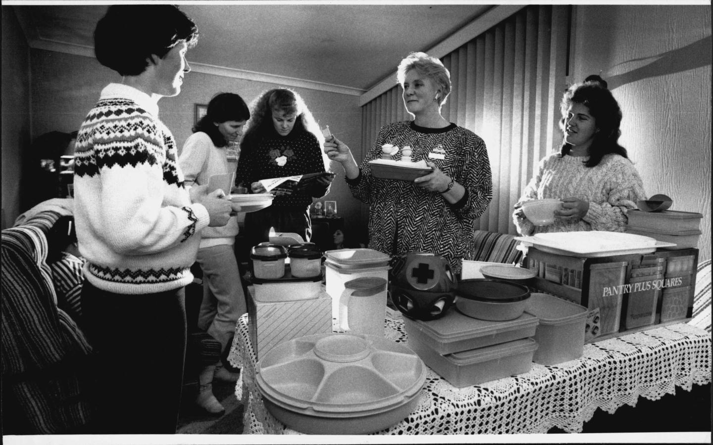 Black and white picture of a Tupperware party
