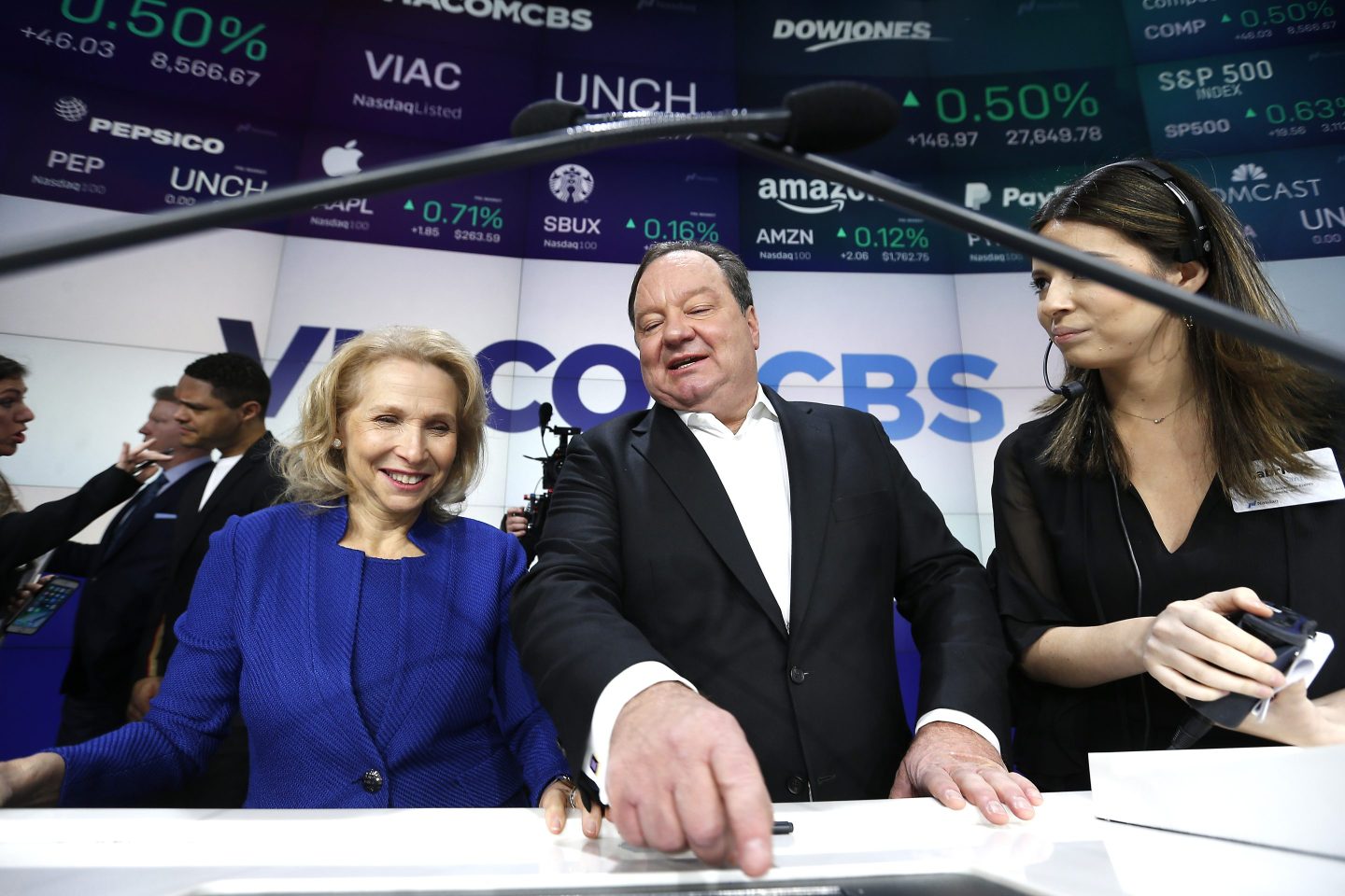 Shari Redstone and Bob Bakish ring the opening bell at the New York Stock Exchange after the ViacomCBS merger in 2019.