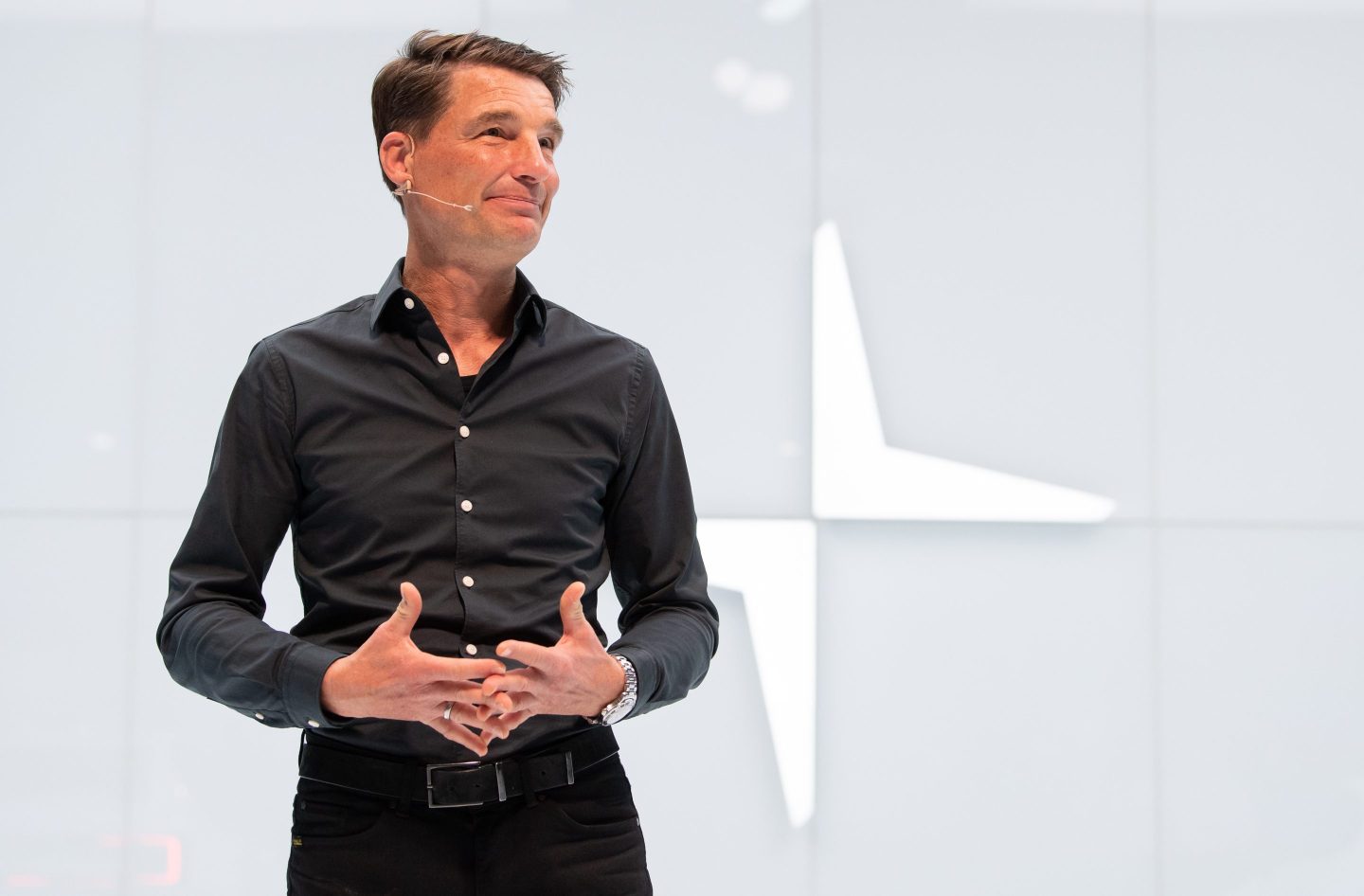 Thomas Ingenlath, CEO of Polestar, attends a press conference at the Polestar booth before the start of the International Motor Show.