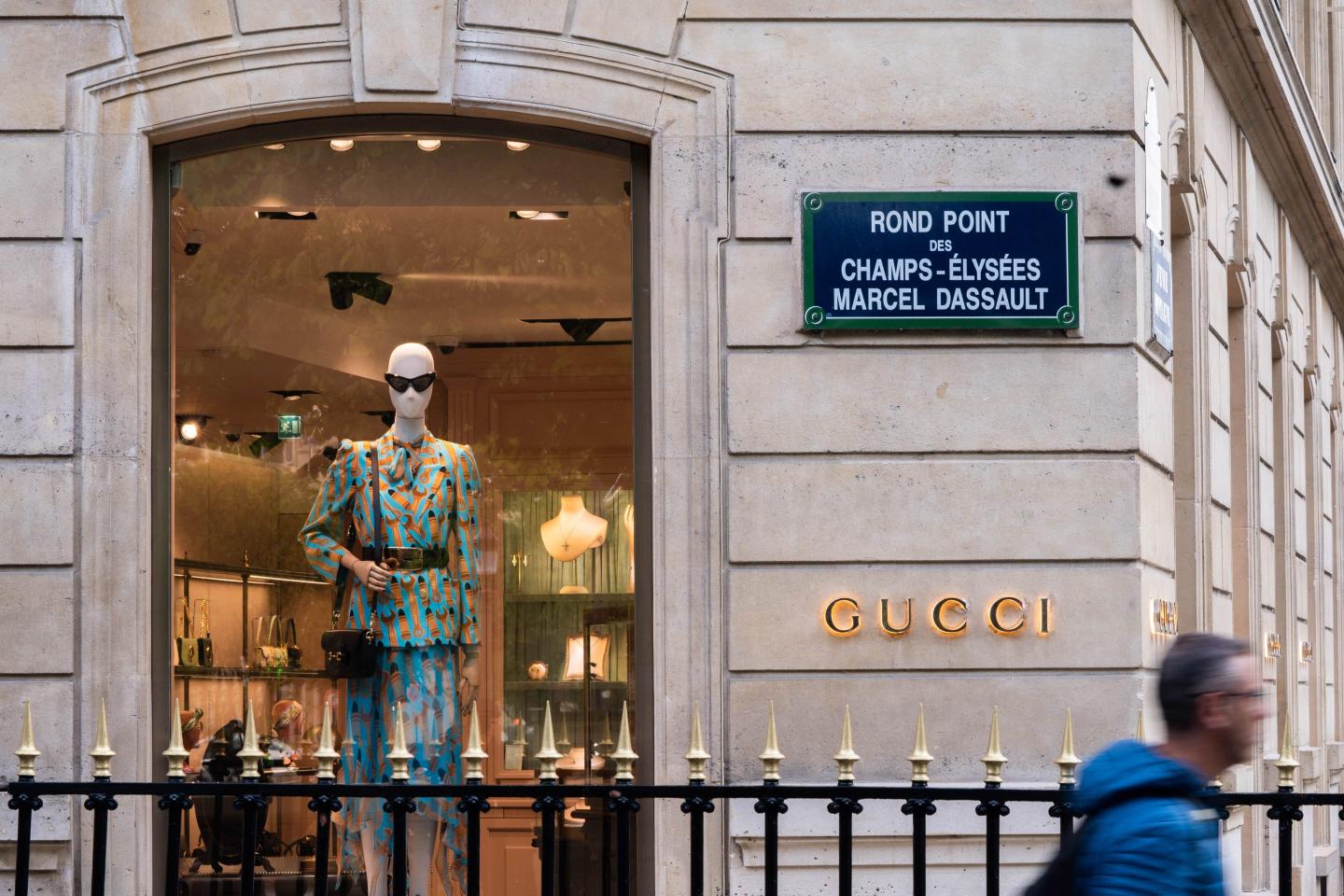 The Gucci luxury clothing boutique, operated by Kering SA, on Avenue Montaigne in central Paris, France