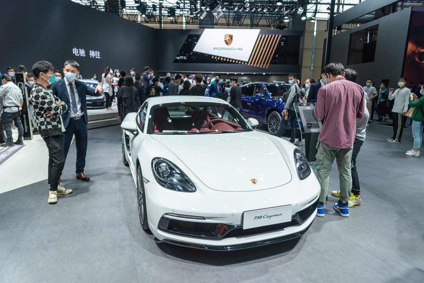 A Porsche 718 Cayman car is on display during the 19th Guangzhou International Automobile Exhibition (Auto Guangzhou 2021) at China Import and Export Fair Complex
