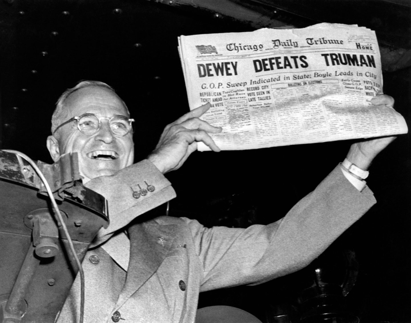 President Harry Truman holds up a copy of the Chicago Daily Tribune declaring his defeat to Thomas Dewey in the presidential election in 1948.