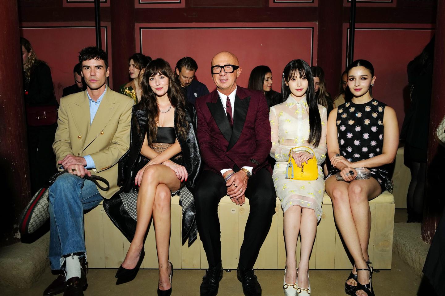 Blake Lee (L), Dakota Johnson, Marco Bizzarri, IU and Alia Bhatt attend the Gucci Seoul Cruise 2024 fashion show.