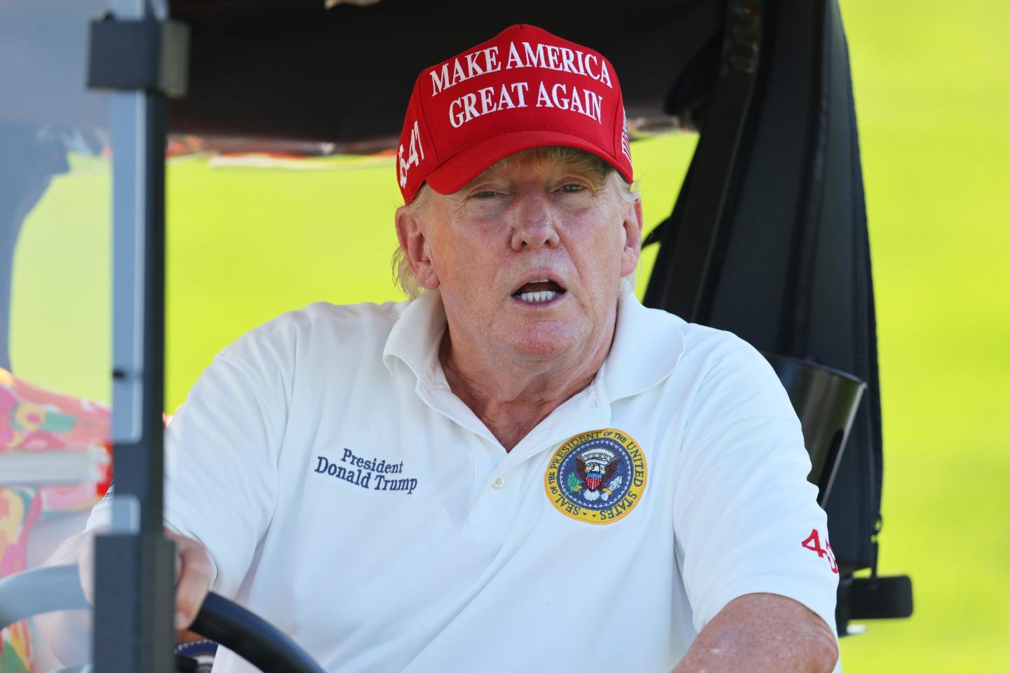 Former President Donald Trump is seen on the on the 15th hole during day one of the LIV Golf Invitational