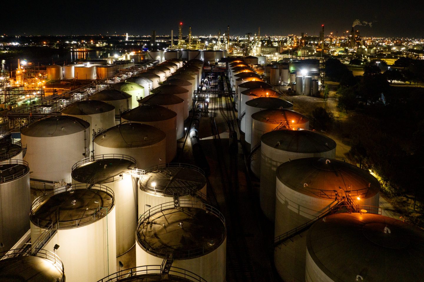 Oil storage tanks near the Valero Houston refinery.