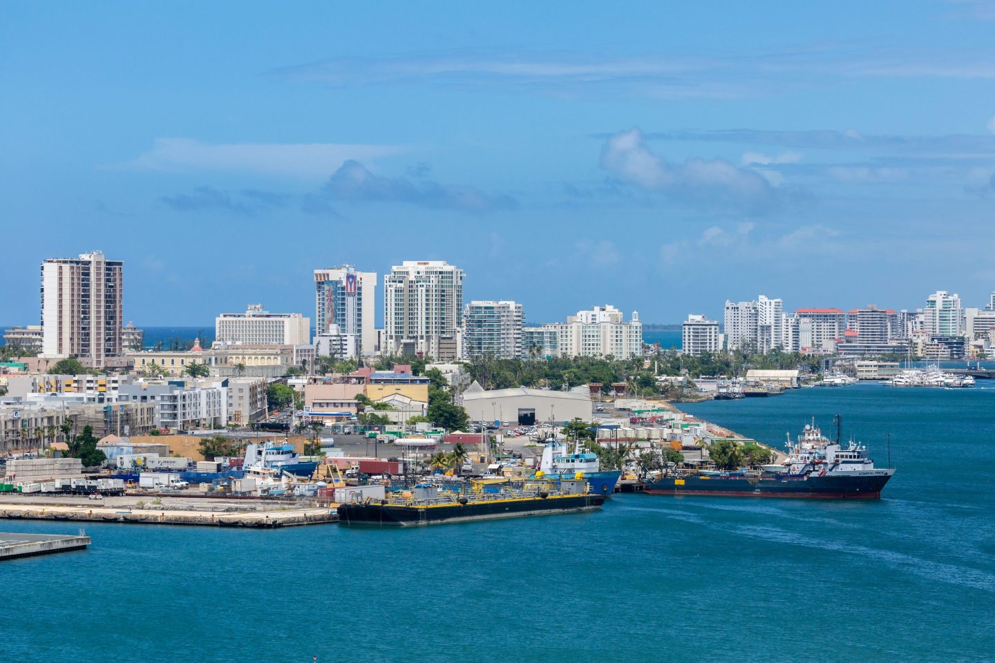 Admiral Pride cargo ship and a fuel barge at port in San Juan, Puerto Rico