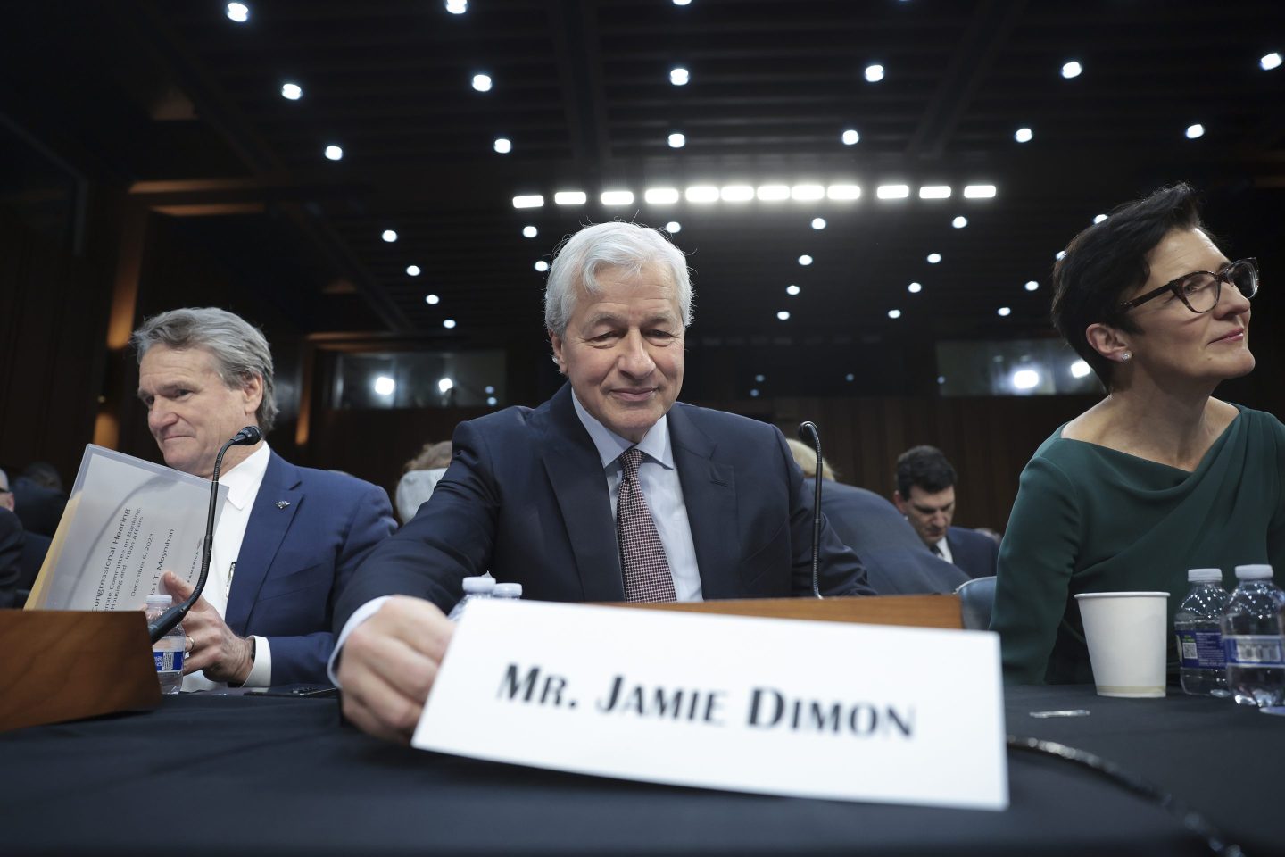 Jamie Dimon, Chairman and CEO of JPMorgan Chase, arrives to testify at a Senate Banking Committee hearing at the Hart Senate Office Building on Dec. 6, 2023 in Washington, DC.