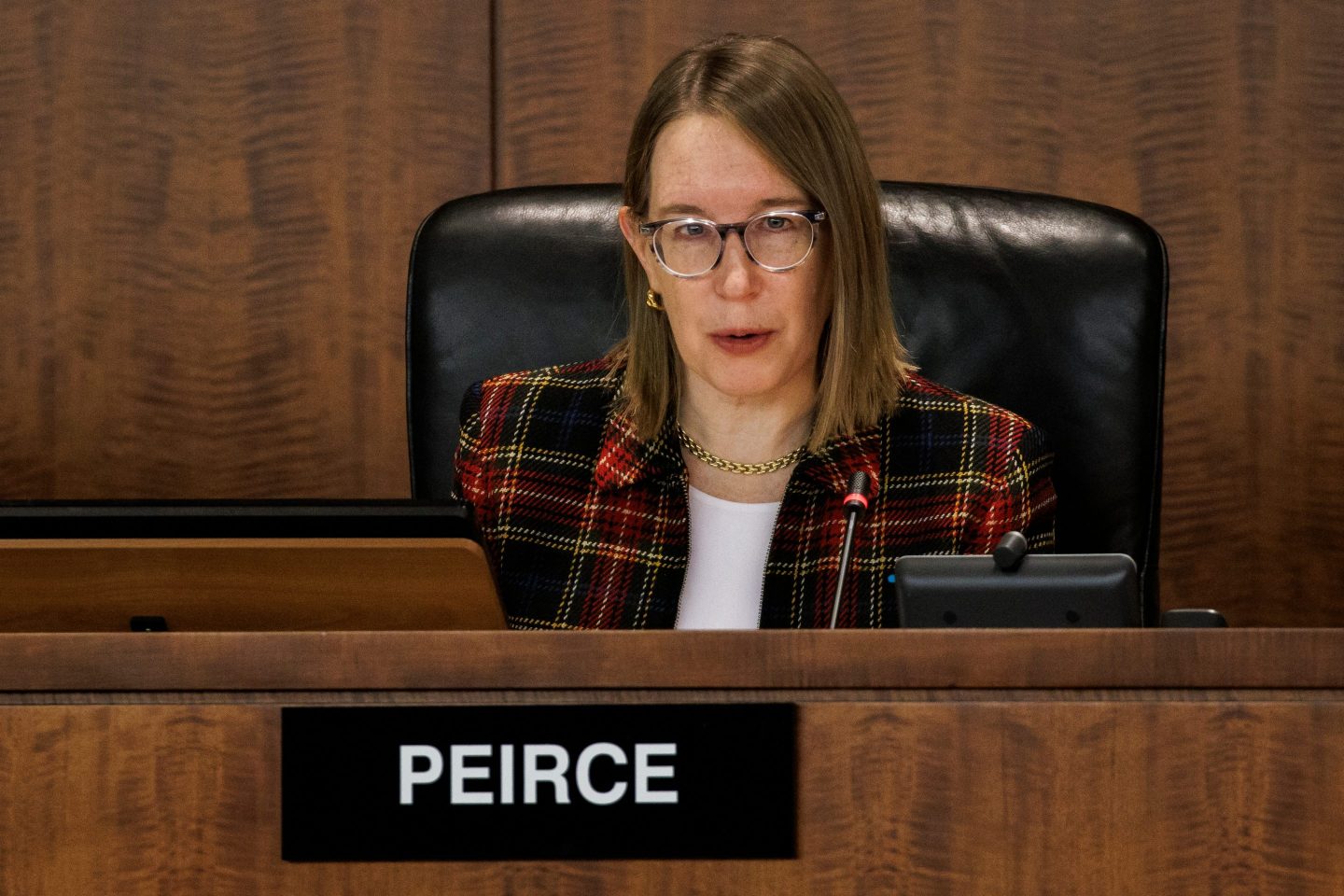 SEC Commissioner Hester Peirce speaking at a hearing.