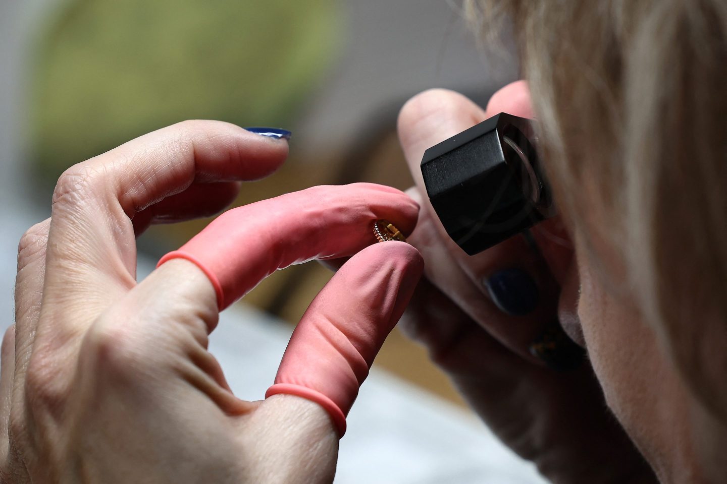 A craftsman working on jewelry pieces at the Orest luxury jewelry factory, a subsidiary of French luxury giant LVMH, in Saint-Dié-des-Vosges, eastern France on March 6, 2024.