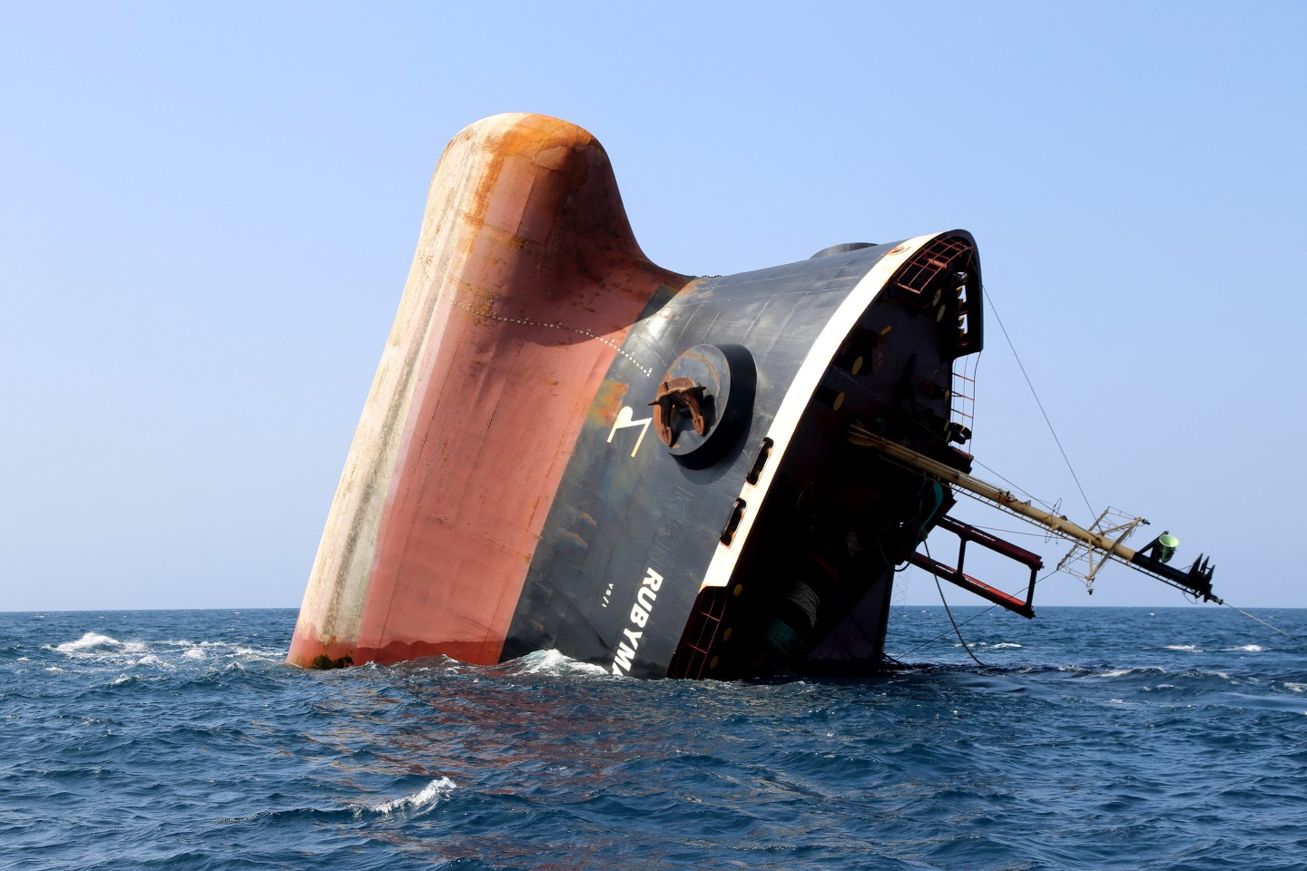 This picture taken on March 7, 2024 shows the Rubymar cargo ship partly submerged off the coast of Yemen.