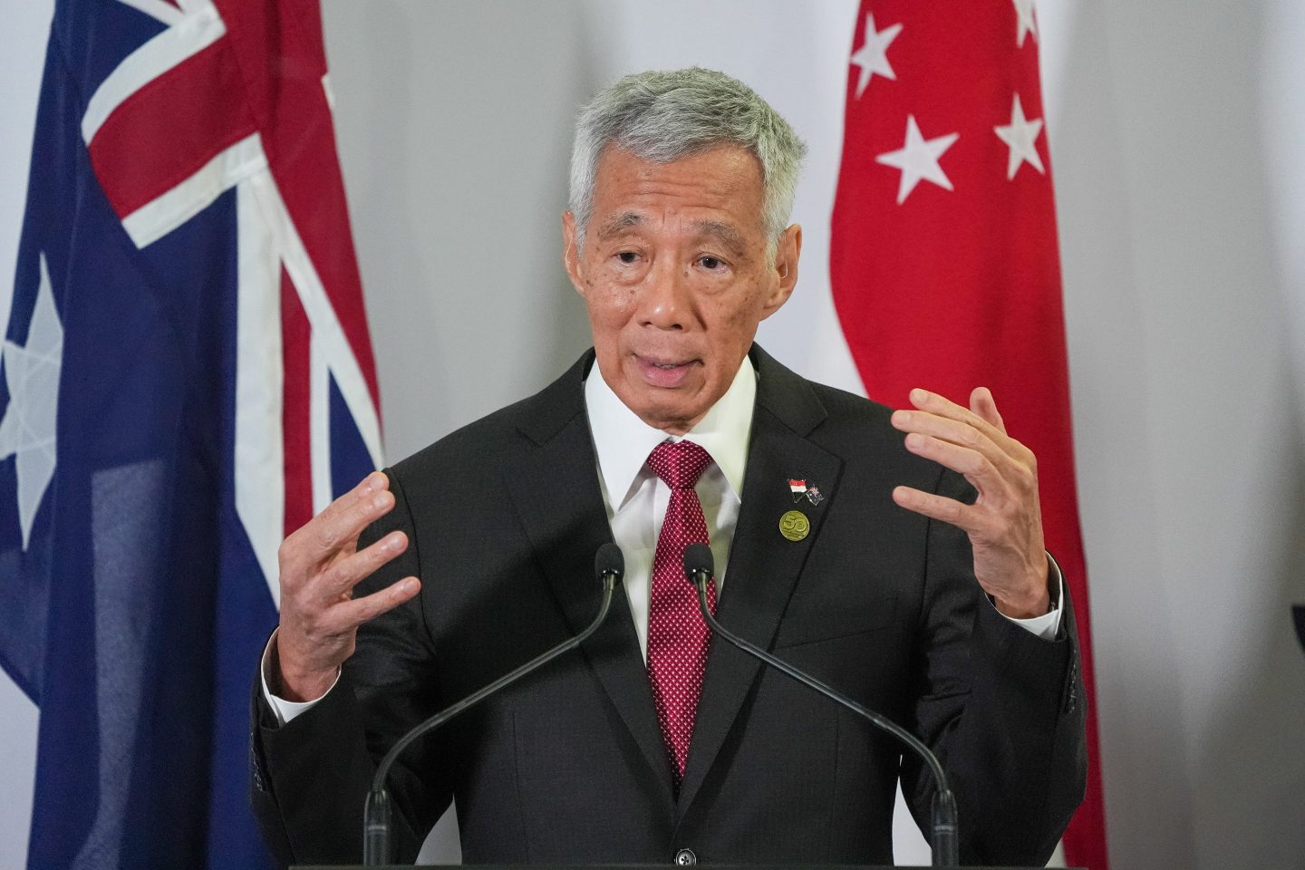 Singapore Prime Minister Lee Hsien Loong speaks at a news conference during the ASEAN-Australia Special Summit on March 5, 2024 in Melbourne, Australia.