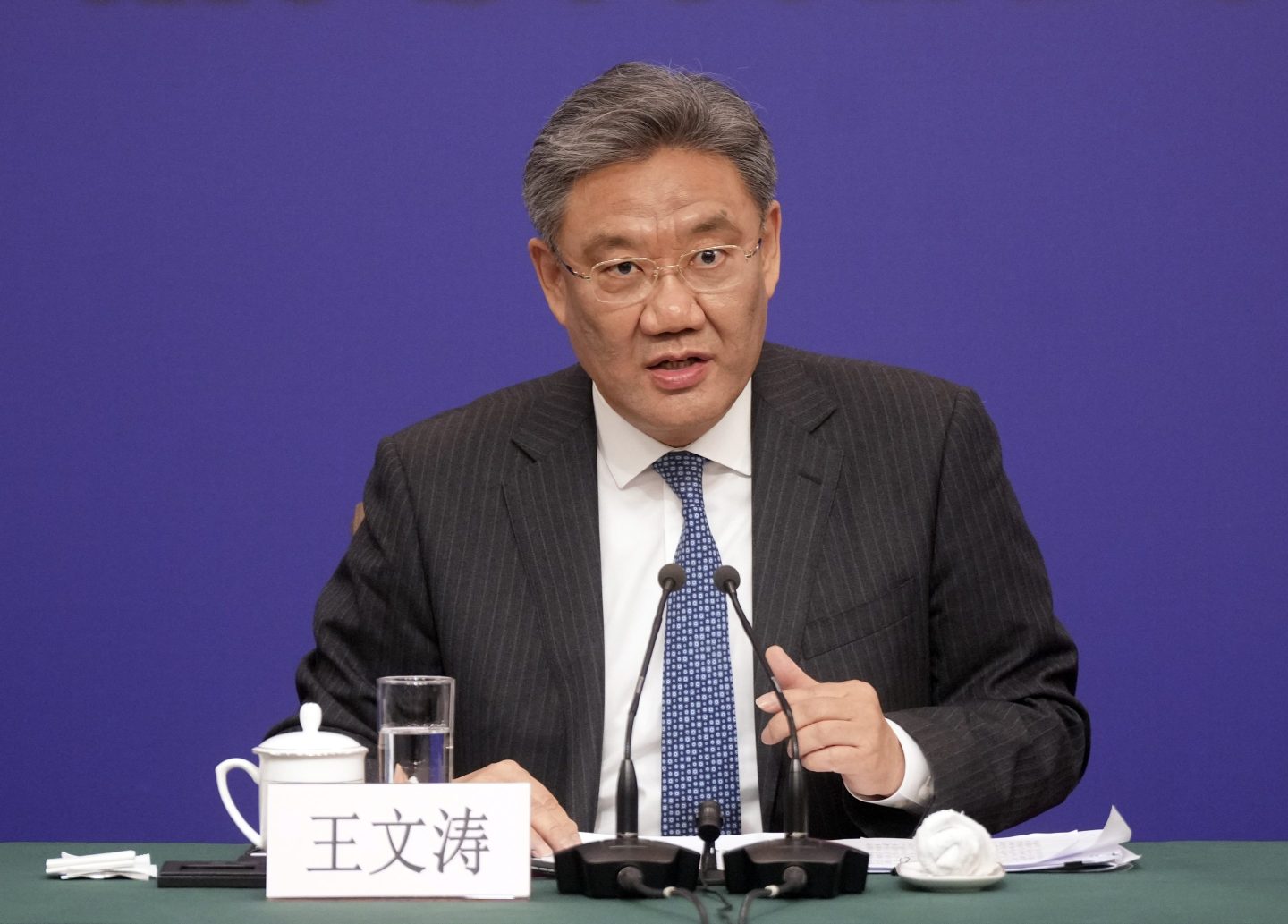 Wang Wentao, China’s minister of commerce, attends a press conference at the 14th National People’s Congress on March 6, 2024, in Beijing.