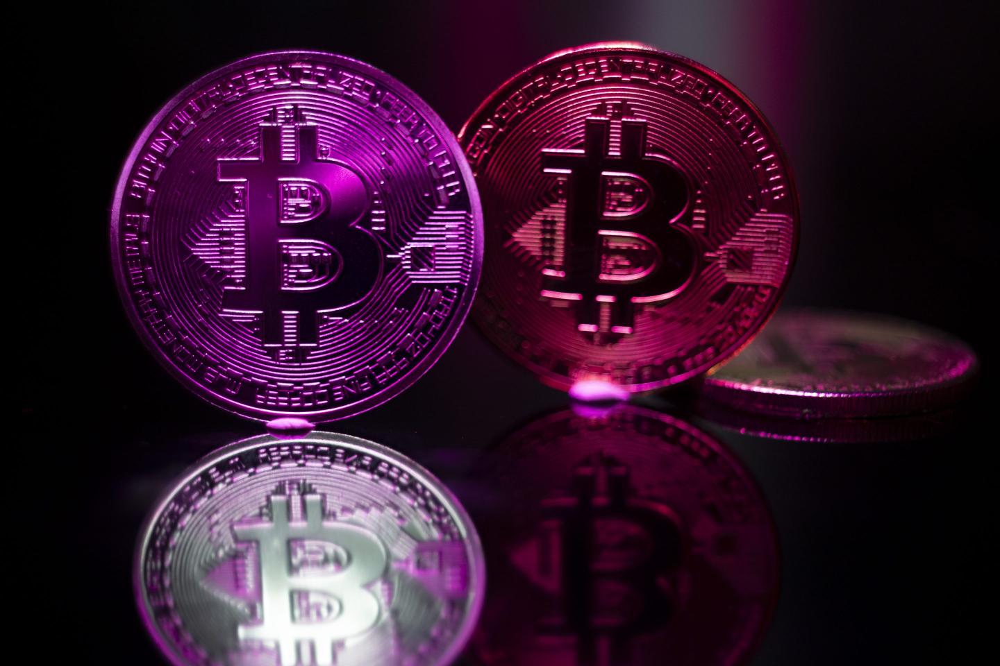 bitcoins against dark background