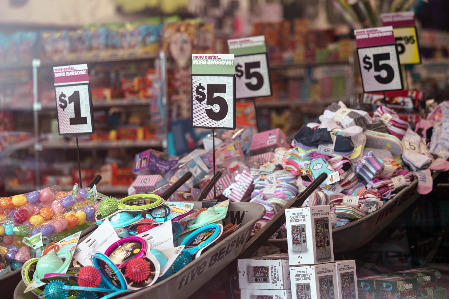 Products displayed inside a Five Below store in Hudson, New York.