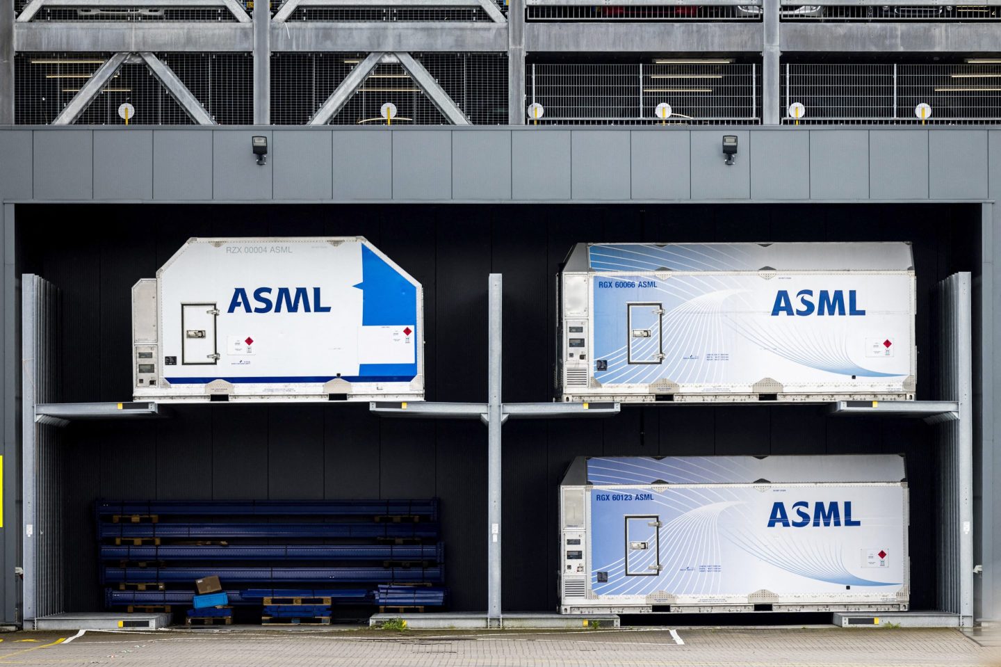 Containers of the Dutch tech giant ASML in Veldhoven, Netherlands. ASML plays a key role in the semiconductor industry as it supplies the machines for chipmaking.