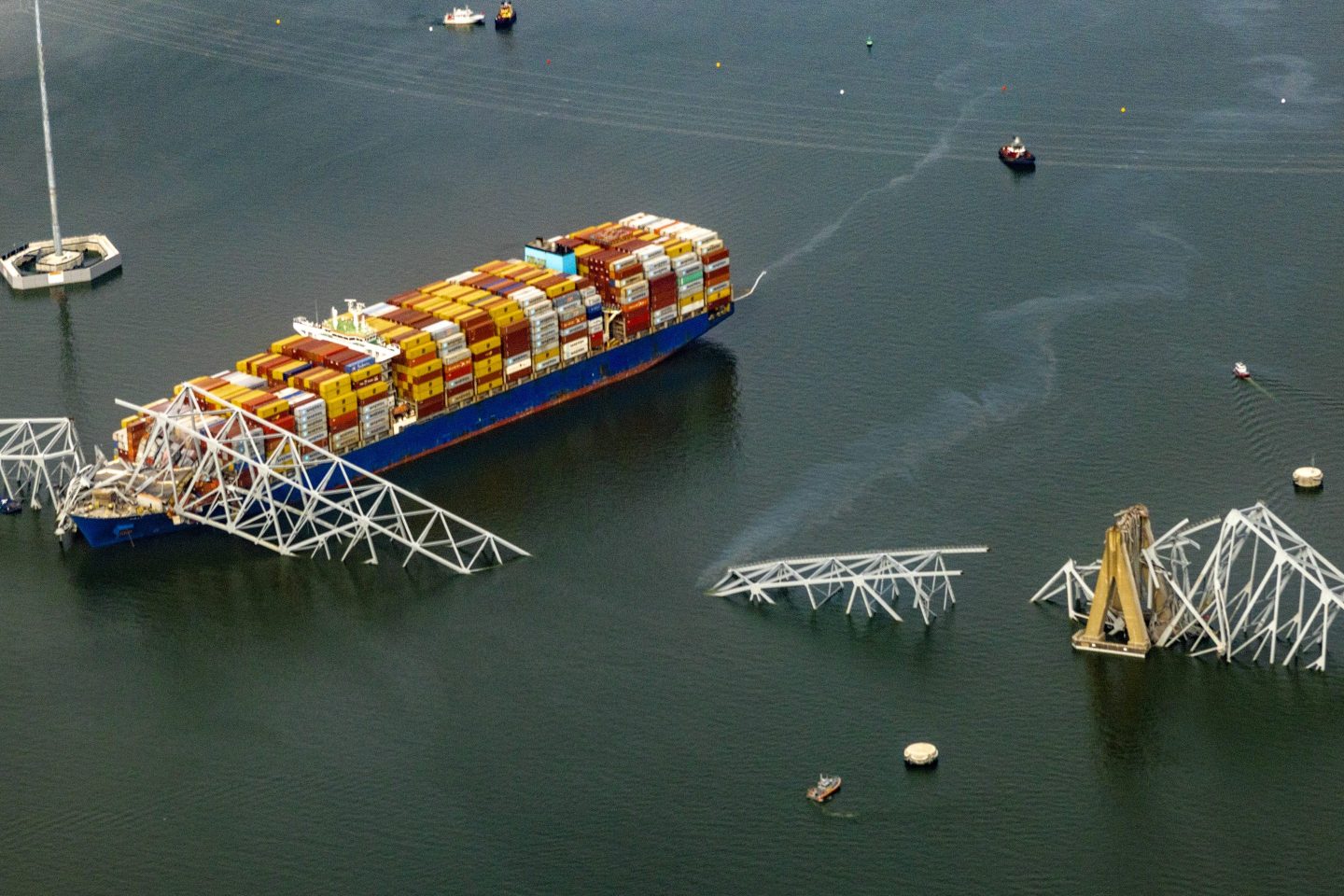 The container ship Dali floating in the wreckage of the Francis Scott Key bridge in Baltimore, Maryland.