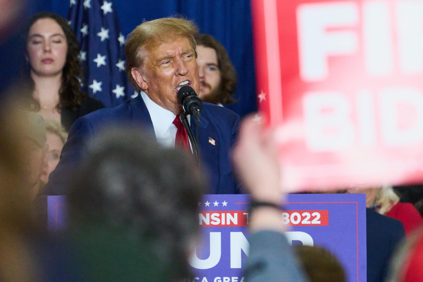 Former US President Donald Trump speaks during a campaign event