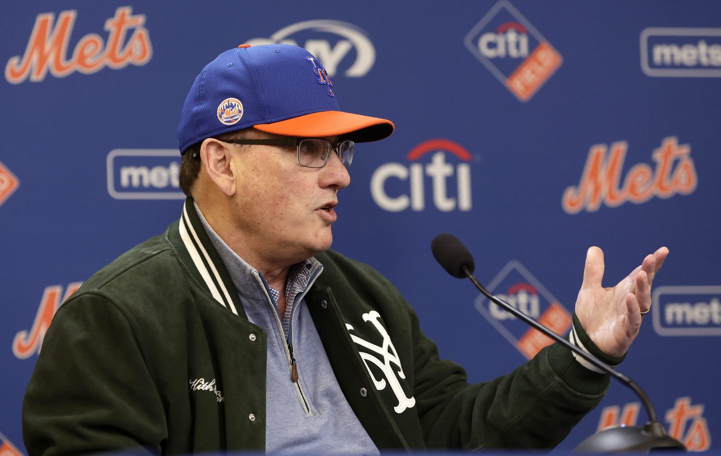 NEW YORK, NEW YORK - MARCH 29: (NEW YORK DAILIES OUT) New York Mets owner Steve Cohen speaks to the media before the Mets Opening Day game against the Milwaukee Brewers at Citi Field on March 29, 2024 in New York City. The Brewers defeated the Mets 3-1. (Photo by Jim McIsaac/Getty Images)