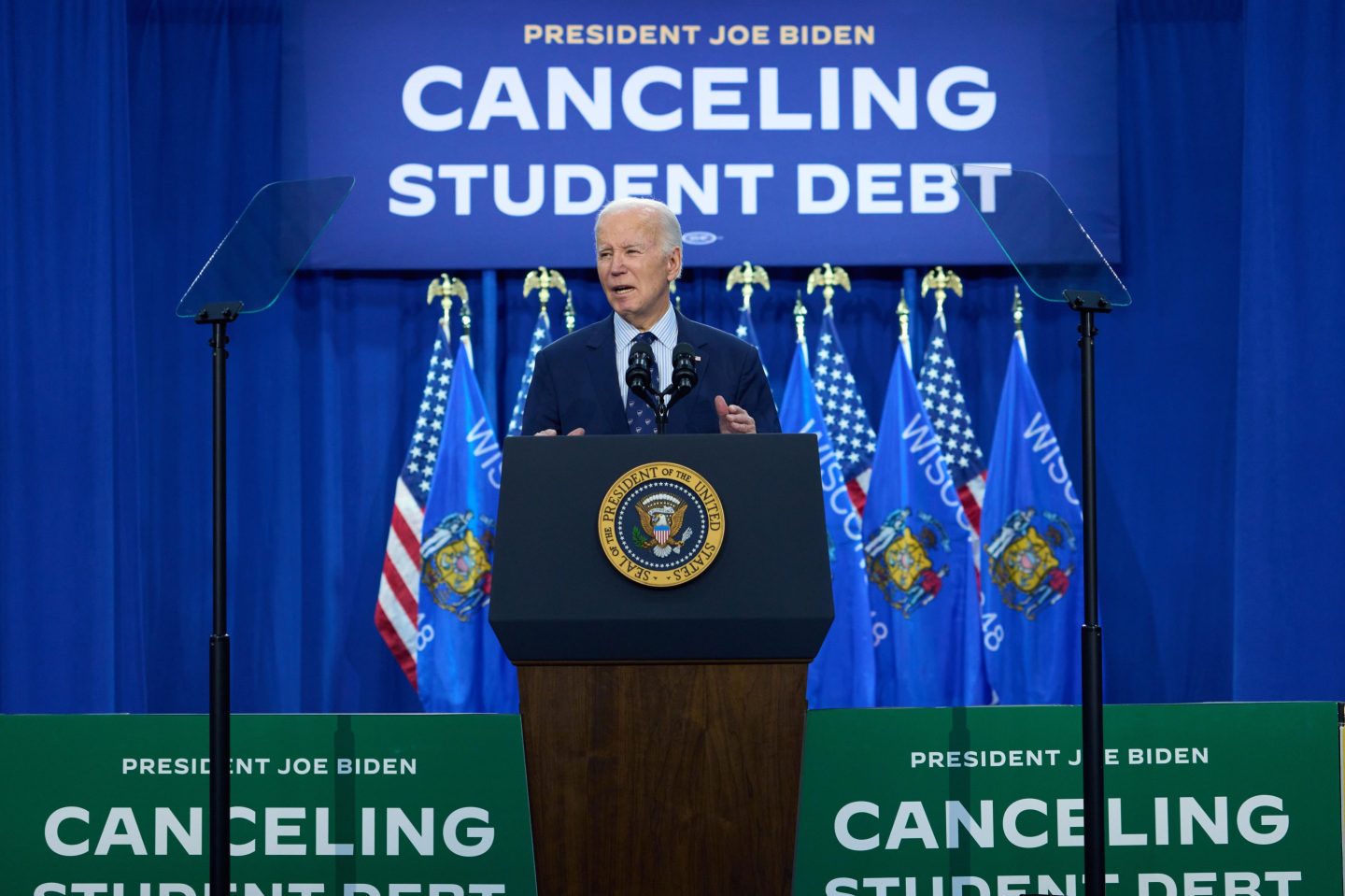 President Joe Biden at a campaign event in Madison, Wisconsin on Monday, April 8, 2024, where he unveiled a new student loan forgiveness plan.