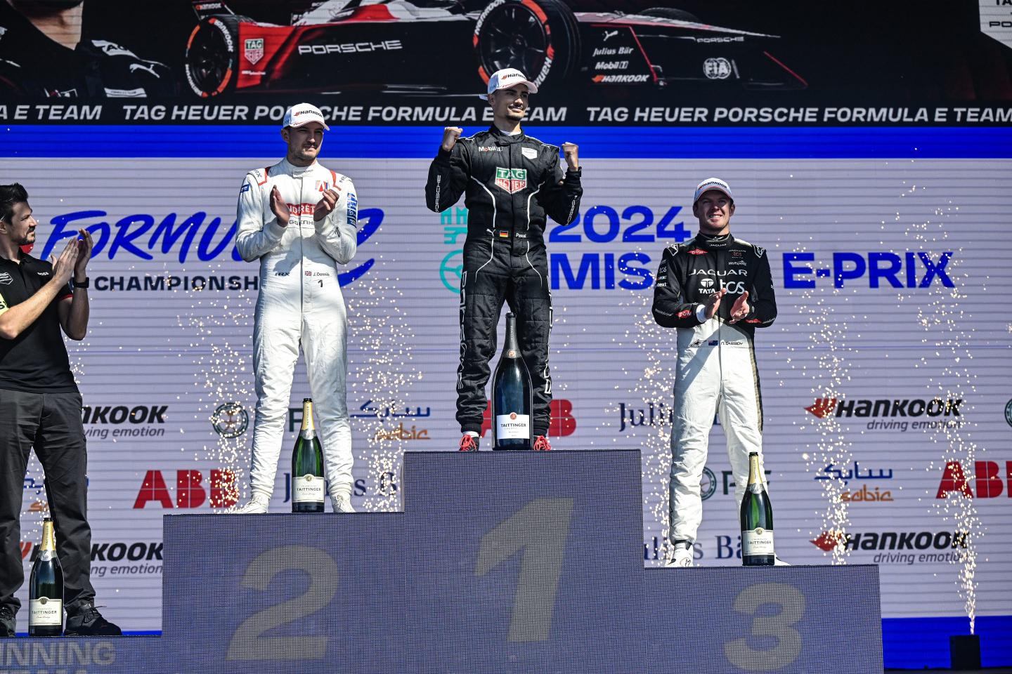 Formula E racers Jake Dennis (L), Pascal Wehrlein, and Nick Casside.