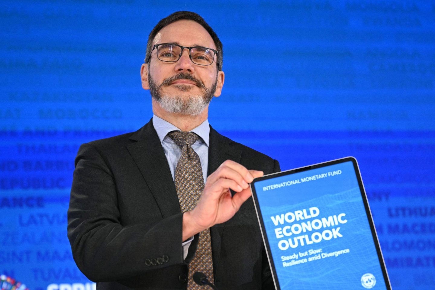 International Monetary Fund chief economist Pierre-Olivier Gourinchas holds the IMF's World Economic Outlook during a press briefing at the IMF–World Bank Group spring meetings at IMF headquarters in Washington, D.C., on April 16, 2024.