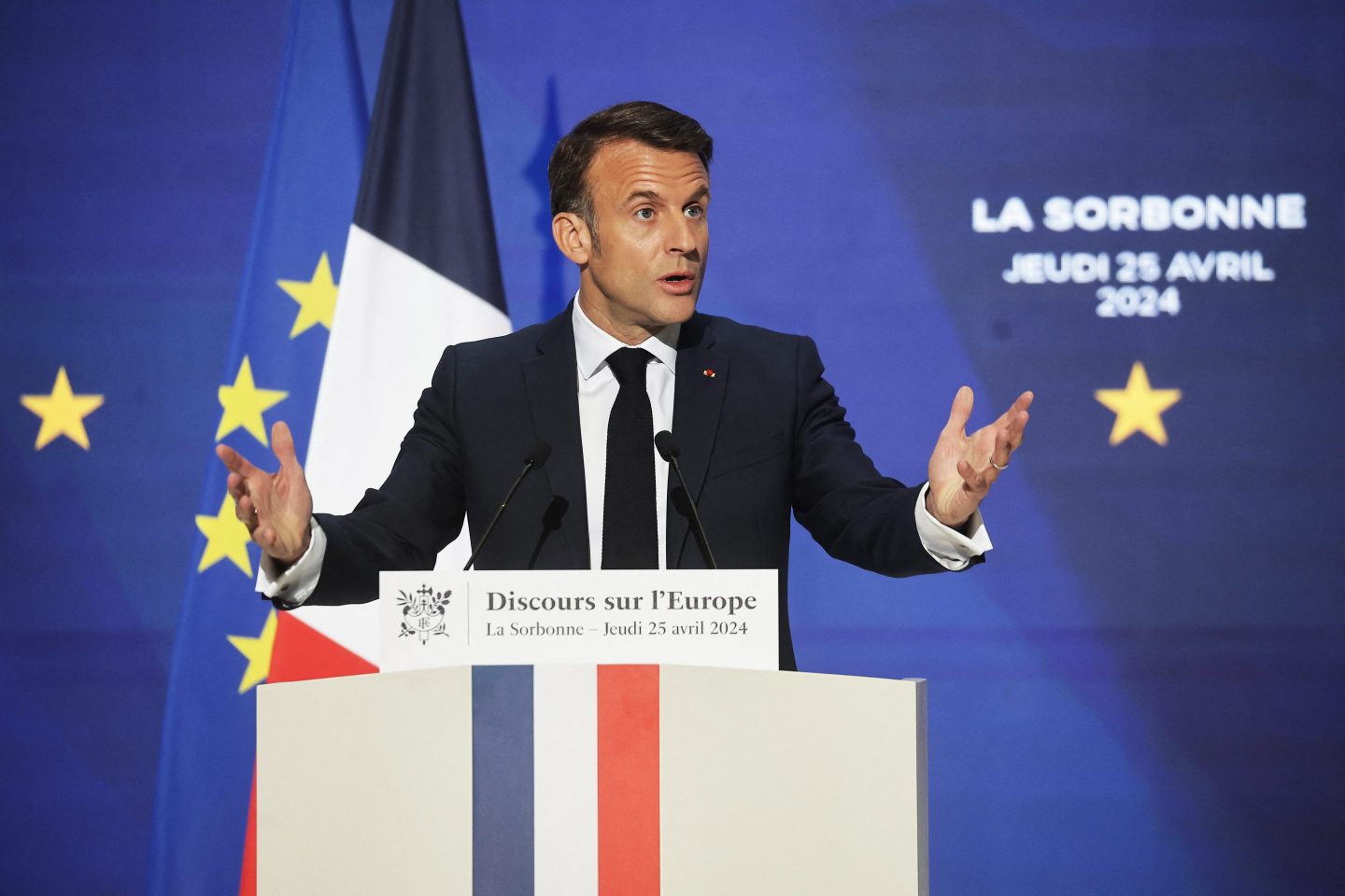 French President Emmanuel Macron delivers a speech
