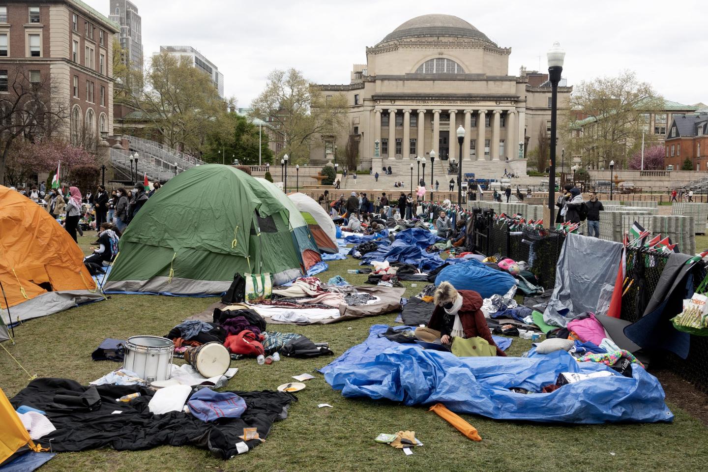 Pro-Palestinian students occupy a central lawn on the Columbia University campus