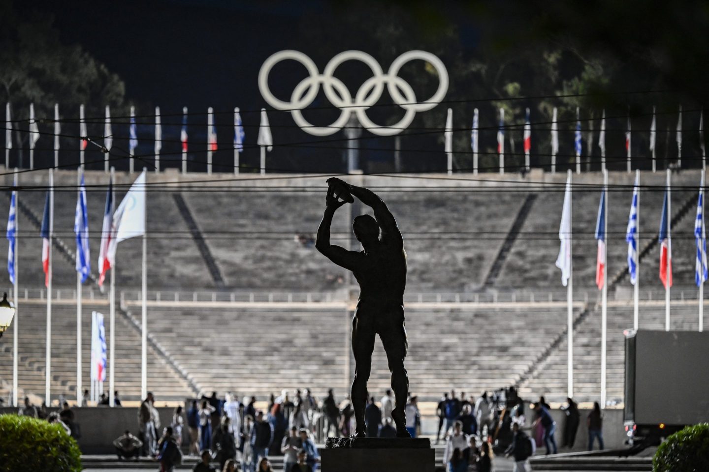 The Panathinean stadium in Athens, on April 26, 2024, after the handover ceremony of the Olympic Flame for the Paris 2024 Summer Olympic and Paralympic Games.