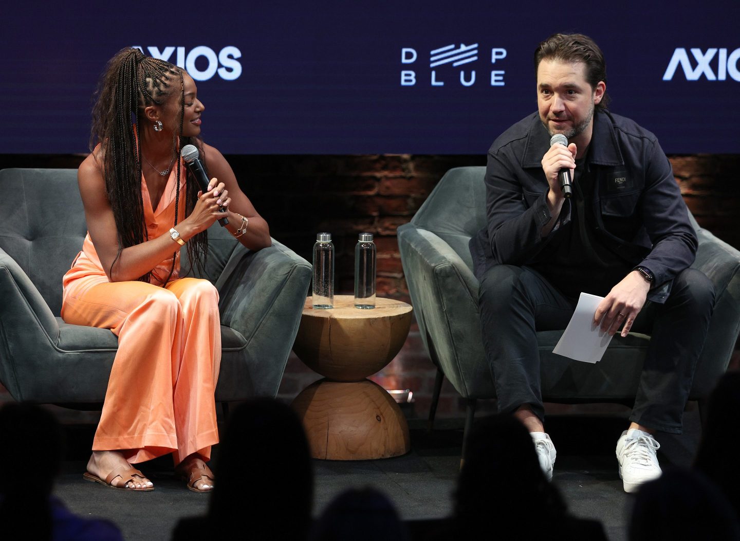 Alexis Ohanian, right, and Olympian Gabby Thomas announced a new women's track competition at the Business of Women's Sports Summit.