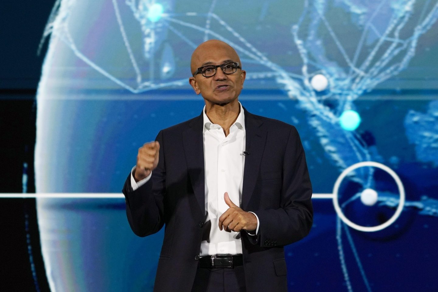 Satya Nadella, chief executive officer of Microsoft, speaks during the company event on AI technologies in Jakarta, Indonesia, on April 30, 2024.