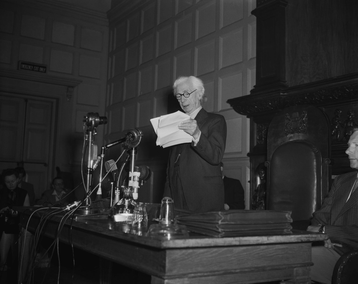 British mathematician and philosopher Bertrand Russell reads a statement signed by himself and eight other eminent scientists and calling for the renunciation of war because the hydrogen bomb threatens "the continued existence of mankind" in 1955. Among the signers was the late Albert Einstein and seven Nobel Prize winners. The Pugwash Conferences on Science and World Affairs is an international organization that has been bringing together scientists and public figures to work toward reducing the risk of global conflict since 1957.