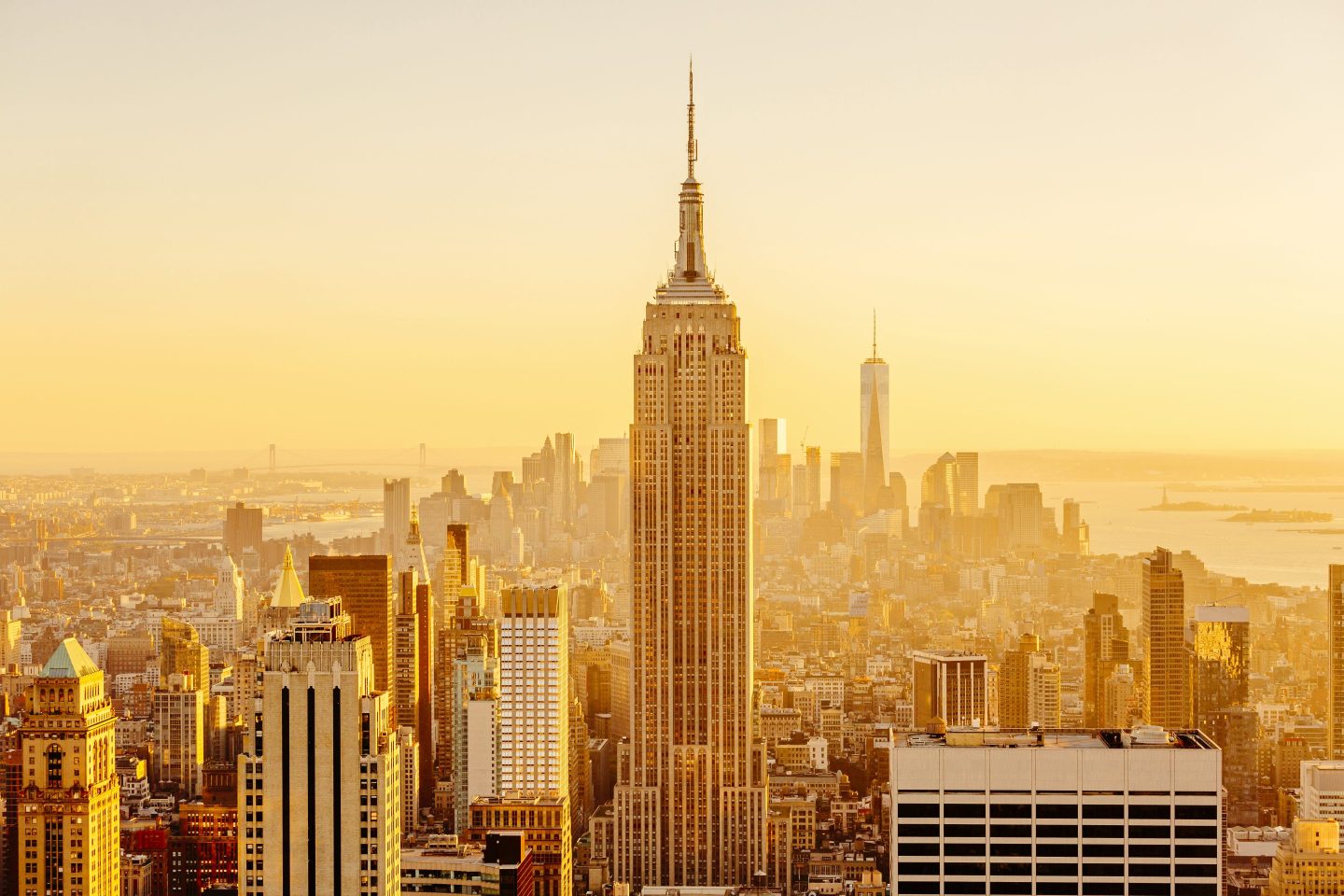 View of the Manhattan skyline at sunset