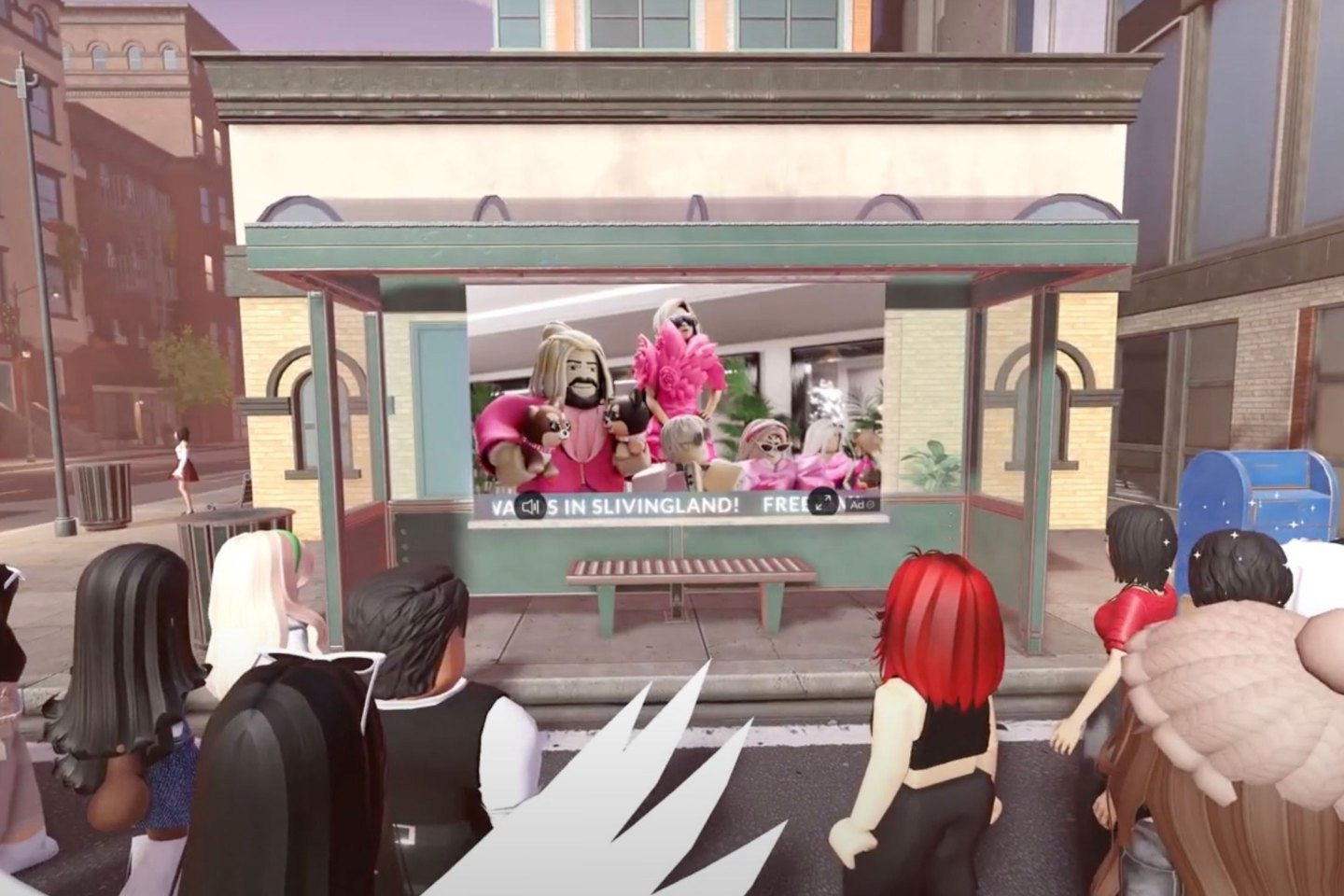 Virtual avatars view an advertisement in Roblox.