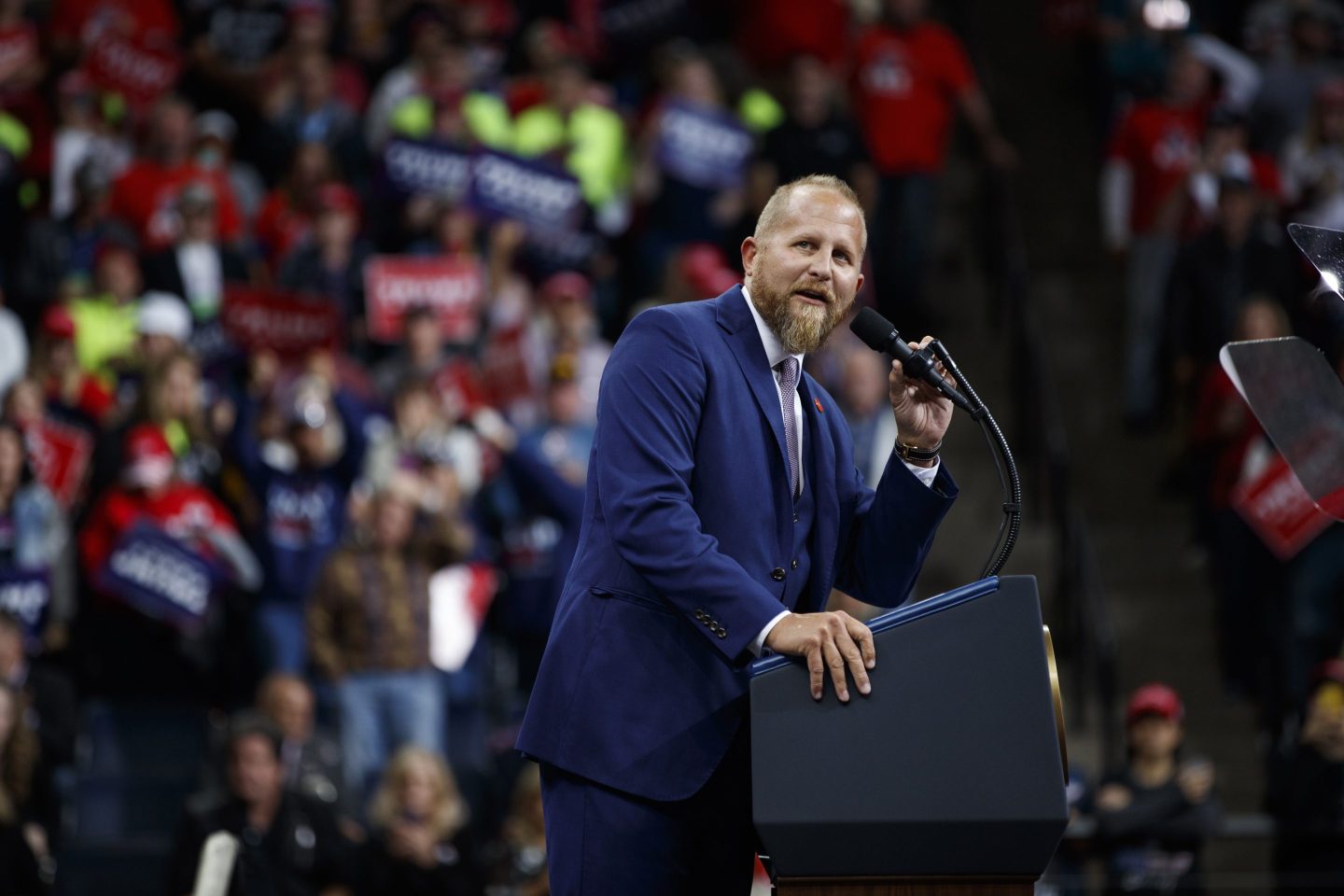 Brad Parscale, then-campaign manager for President Donald Trump, speaks during a campaign rally at the Target Center in Minneapolis, Oct. 10, 2019.
