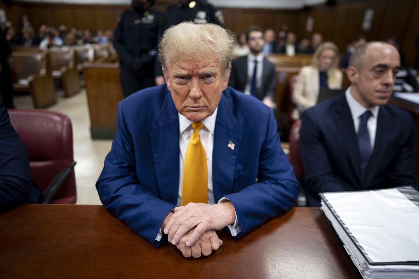 Former President Donald Trump awaits the start of proceedings for his trial at the Manhattan criminal court, on May 2, 2024, in New York.