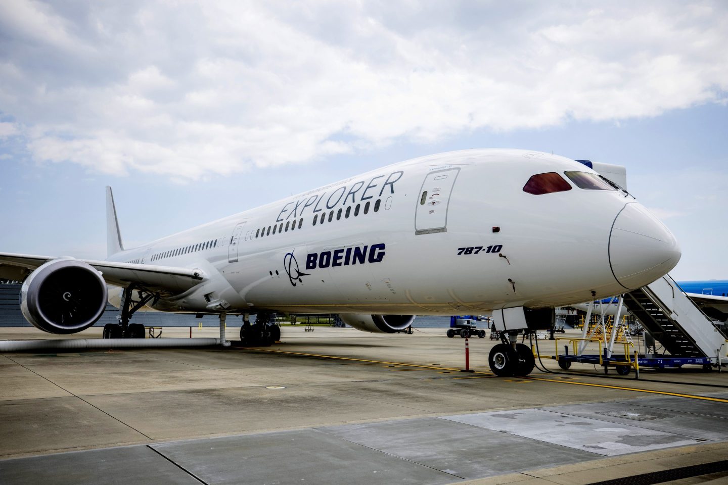A Boeing ecoDemonstrator Explorer, a 787-10 Dreamliner, sits on the tarmac at their campus in North Charleston, S.C., on May 30, 2023.