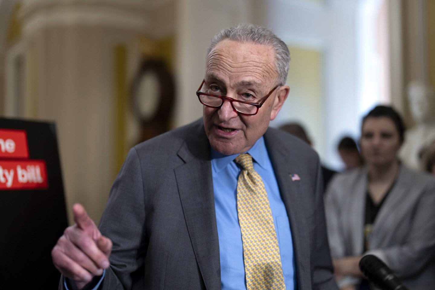 Senate Majority Leader Chuck Schumer, D-N.Y., speaks to reporters following Democratic strategy session, at the Capitol in Washington, Wednesday, May 8, 2024. (AP Photo/J. Scott Applewhite)