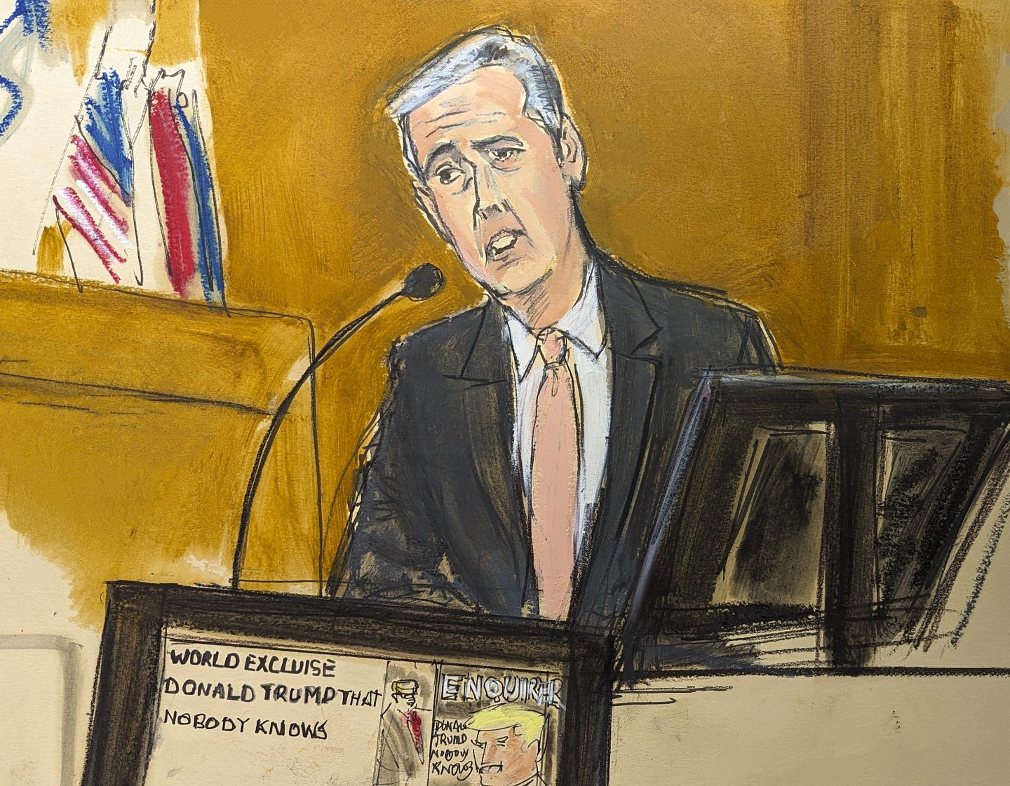 Michael Cohen testifies on the witness stand with a National Enquirer cover story about Donald Trump displayed on a screen in Manhattan criminal court, on May 13, 2024, in New York.