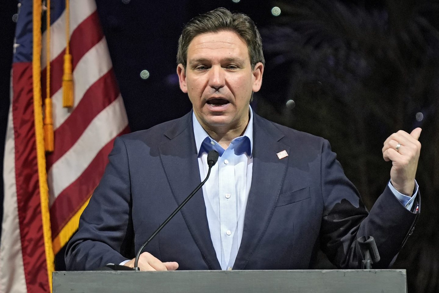 FILE &#8211; Florida Gov. Ron DeSantis speaks at the Governor&#8217;s Day luncheon, Feb. 8, 2024, in Tampa, Fla. Climate change will be a lesser priority in Florida and largely disappear from state statutes under legislation signed Wednesday, May 15 by Gov. DeSantis, which also bans power-generating wind turbines offshore or near the state&#8217;s lengthy coastlines. (AP Photo/Chris O&#8217;Meara, File)