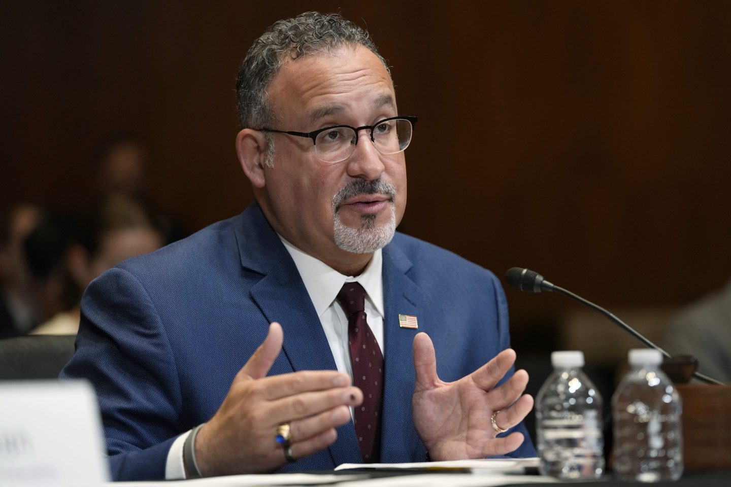 Education Secretary Miguel Cardona testifies during a Senate Appropriations Subcommittee on Labor, Health and Human Services, and Education, and Related Agencies hearing on Capitol Hill in Washington, April 30, 2024.