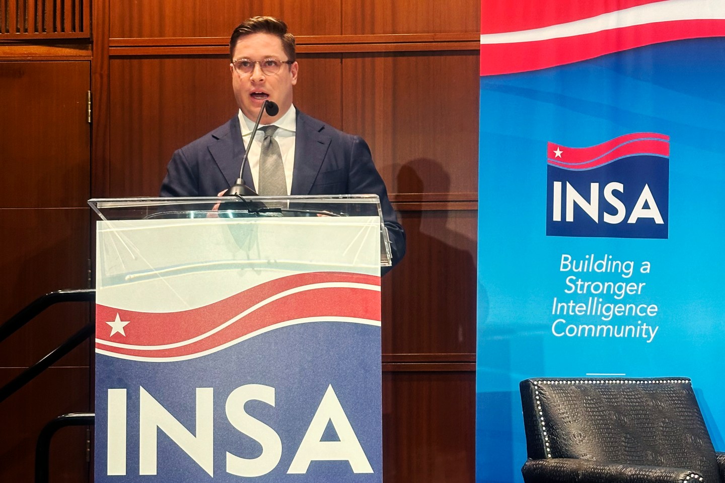 John Beieler, chief AI officer at the Office of the Director of National Intelligence, speaks at a conference of the Intelligence and National Security Alliance on April 4 , 2024, in Arlington, Va.