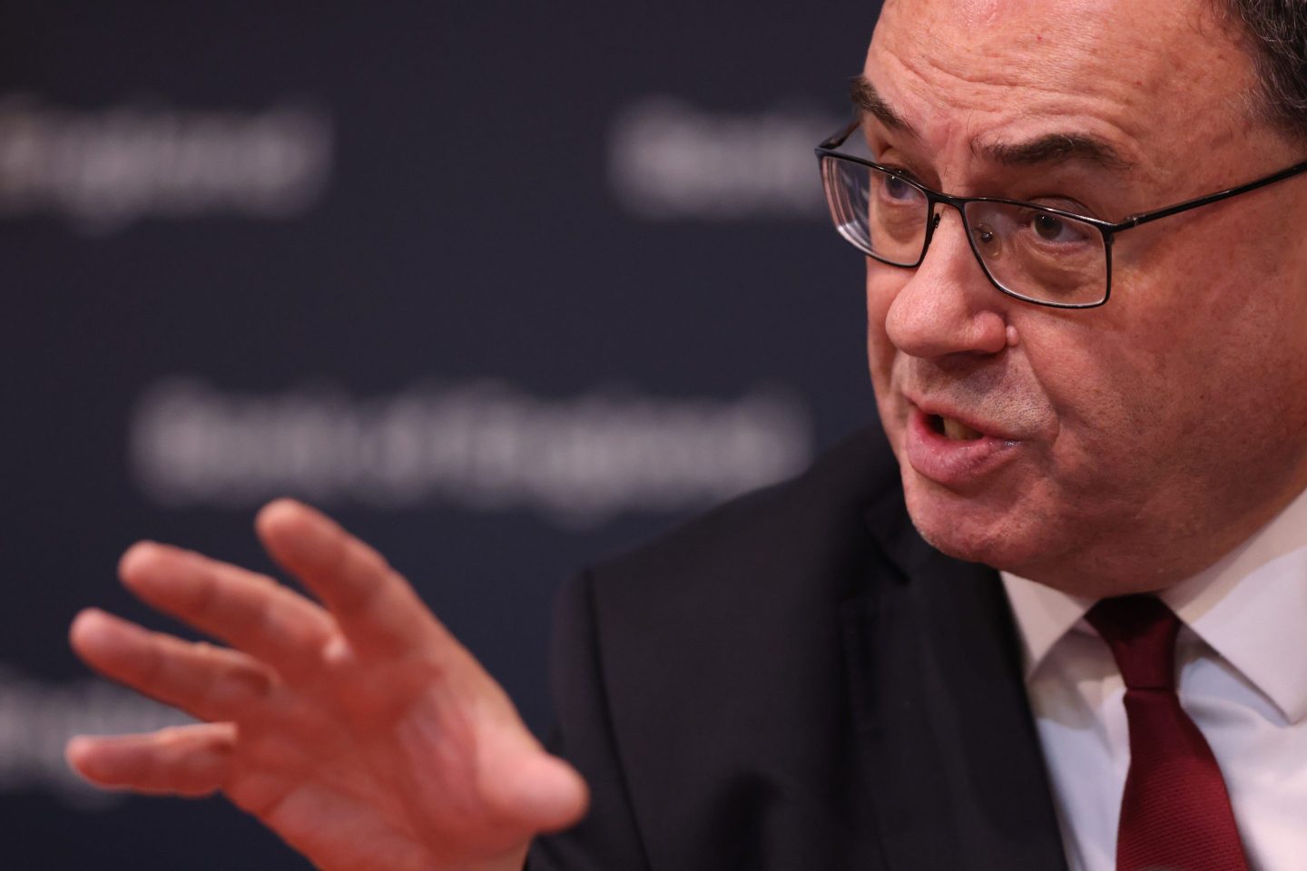 Close up of Bank of England governor Andrew Bailey making a point