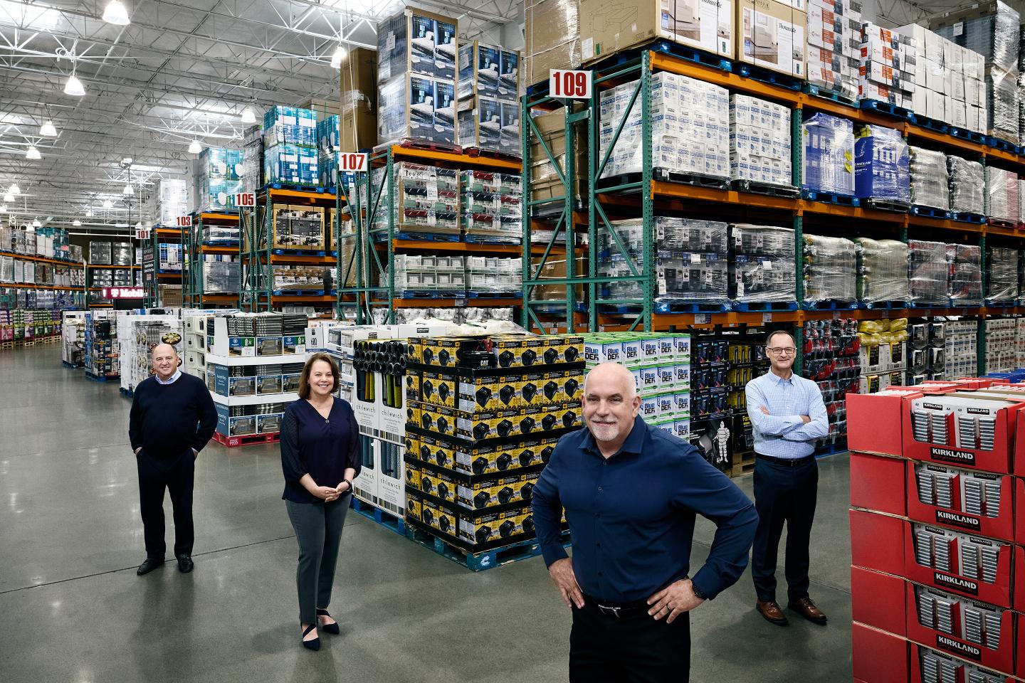 MAD SCIENTIST C-SUITE From left: Advisor and former CFO Richard Galanti, merchandising chief Claudine Adamo, CEO Ron Vachris, and CFO Gary Millerchip at a Costco in Issaquah, Washington in May 2024.