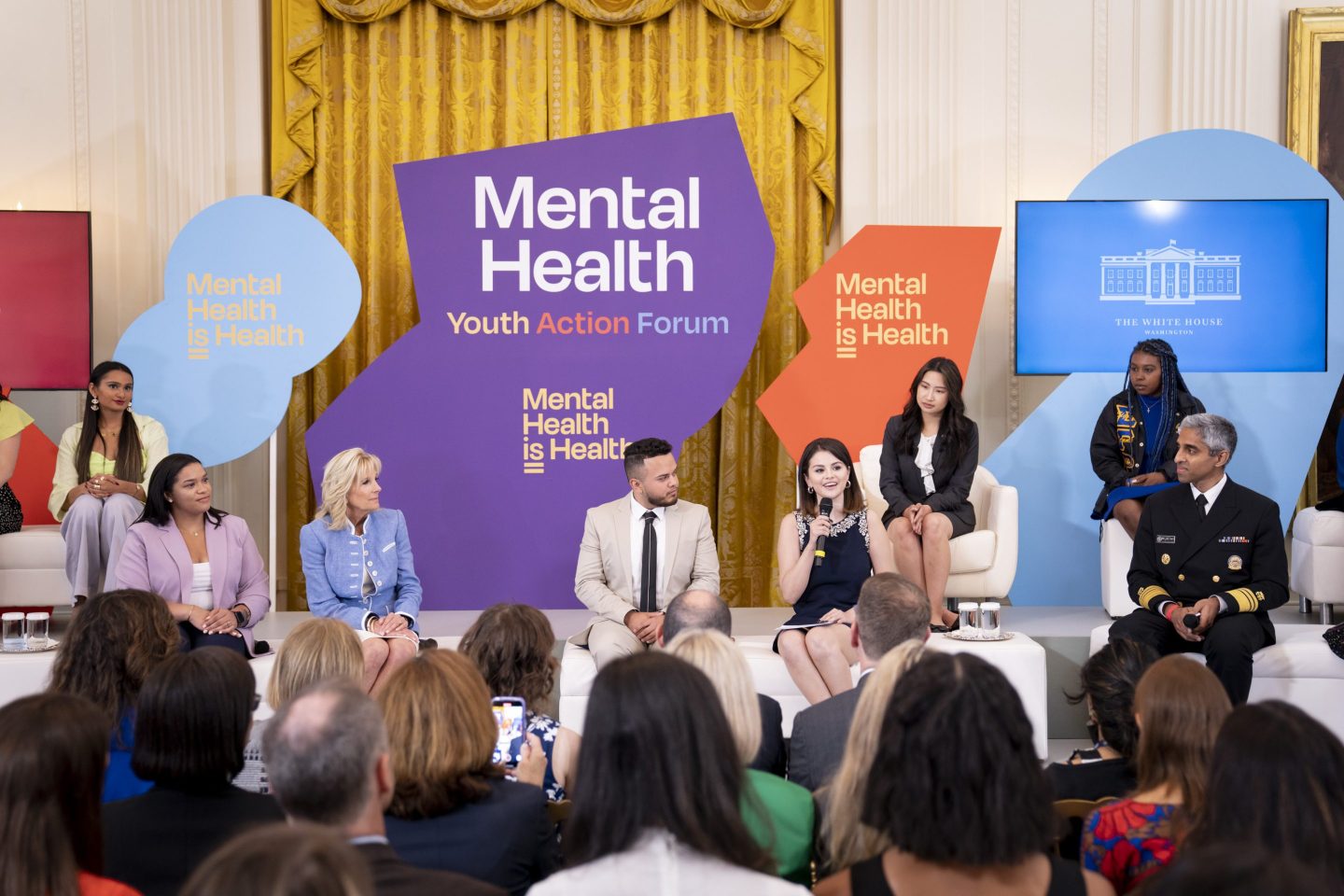 Panelists including First Lady Dr. Jill Biden and actress Selena Gomez discuss mental health at MTV’s 2022 mental health forum, where the idea for the Hidden Healing Fund originated.