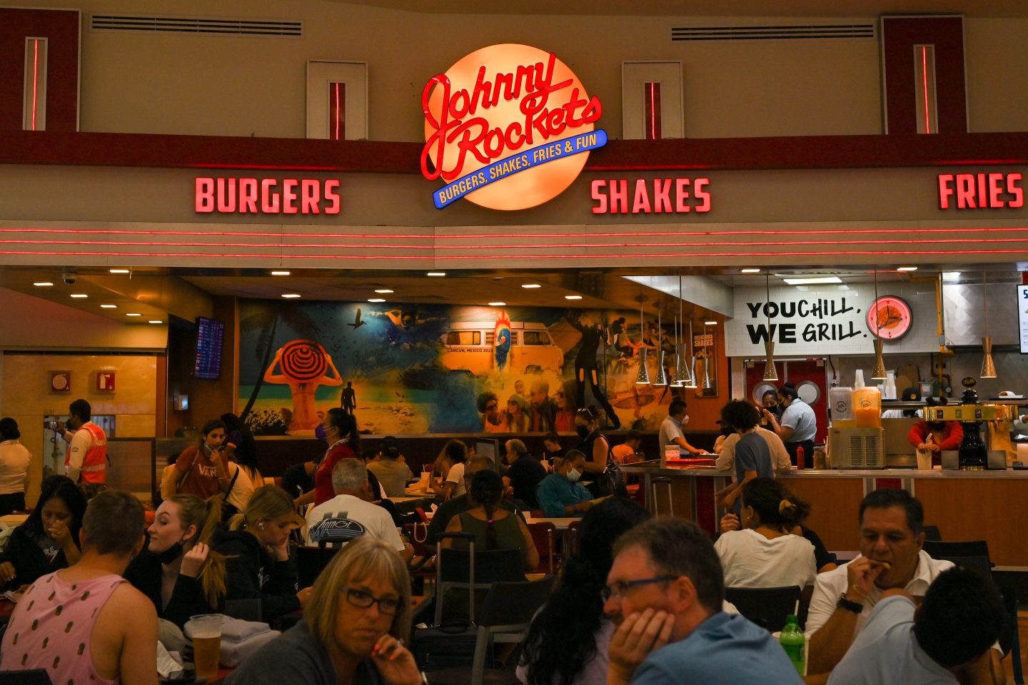 Johnny Rockets restaurant  at the Terminal 2 of Cancun International Airport.
On Monday, 30 April 2022, in Cancun International Airport, Cancun, Quintana Roo, Mexico. (Photo by Artur Widak/NurPhoto via Getty Images)