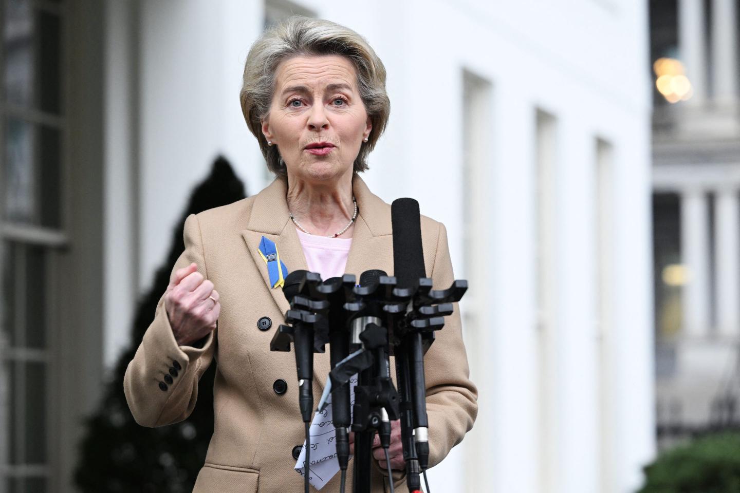 European Commission President Ursula von der Leyen speaks to reporters outside of the West Wing following a meeting with US President Joe Biden at the White House in Washington, DC.
