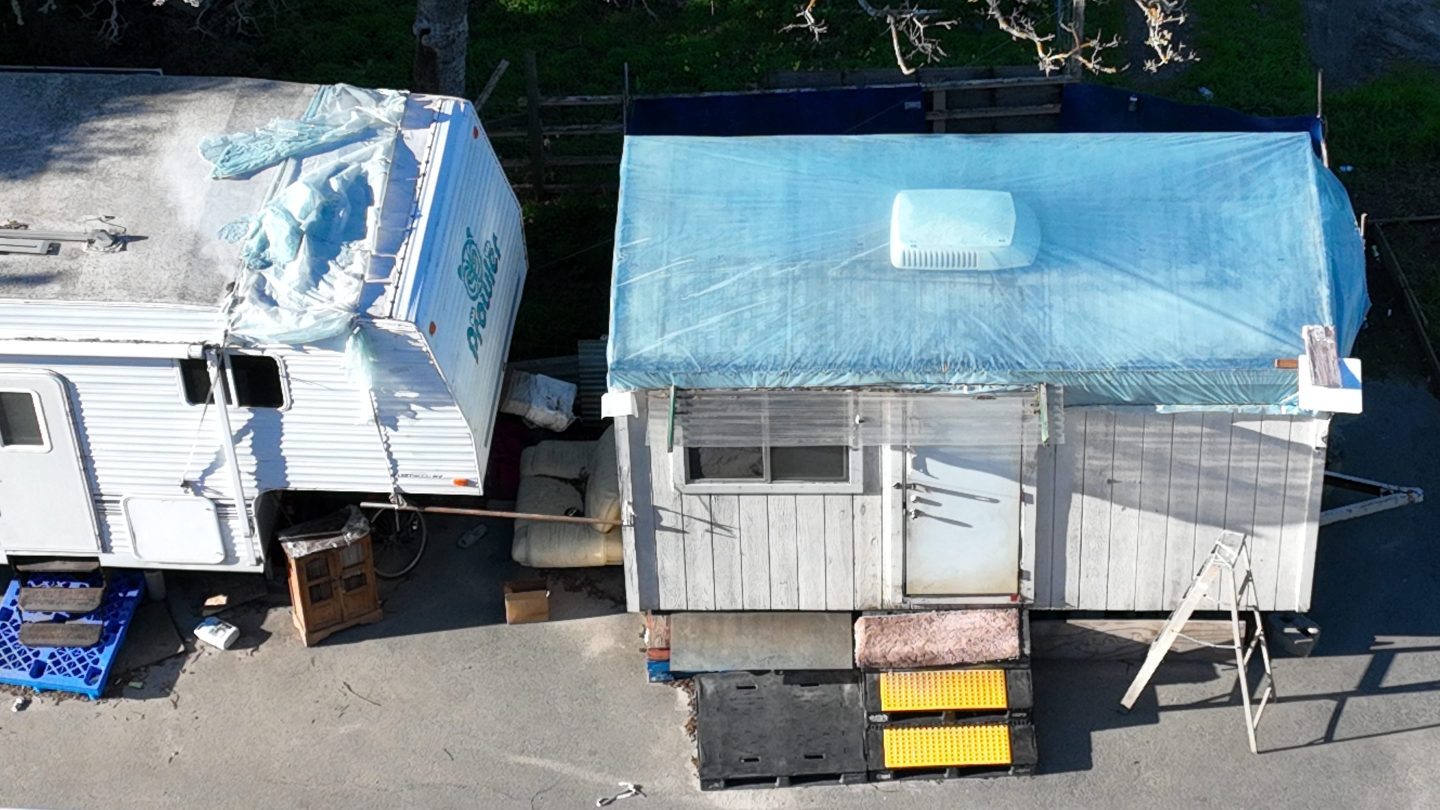 The structure where mass shooting suspect Chunli Zhao, 66, allegedly lived with his wife, is seen from this drone view at the California Terra Gardens mushroom farm in Half Moon Bay, Calif., on Wednesday, Jan. 25, 2023.